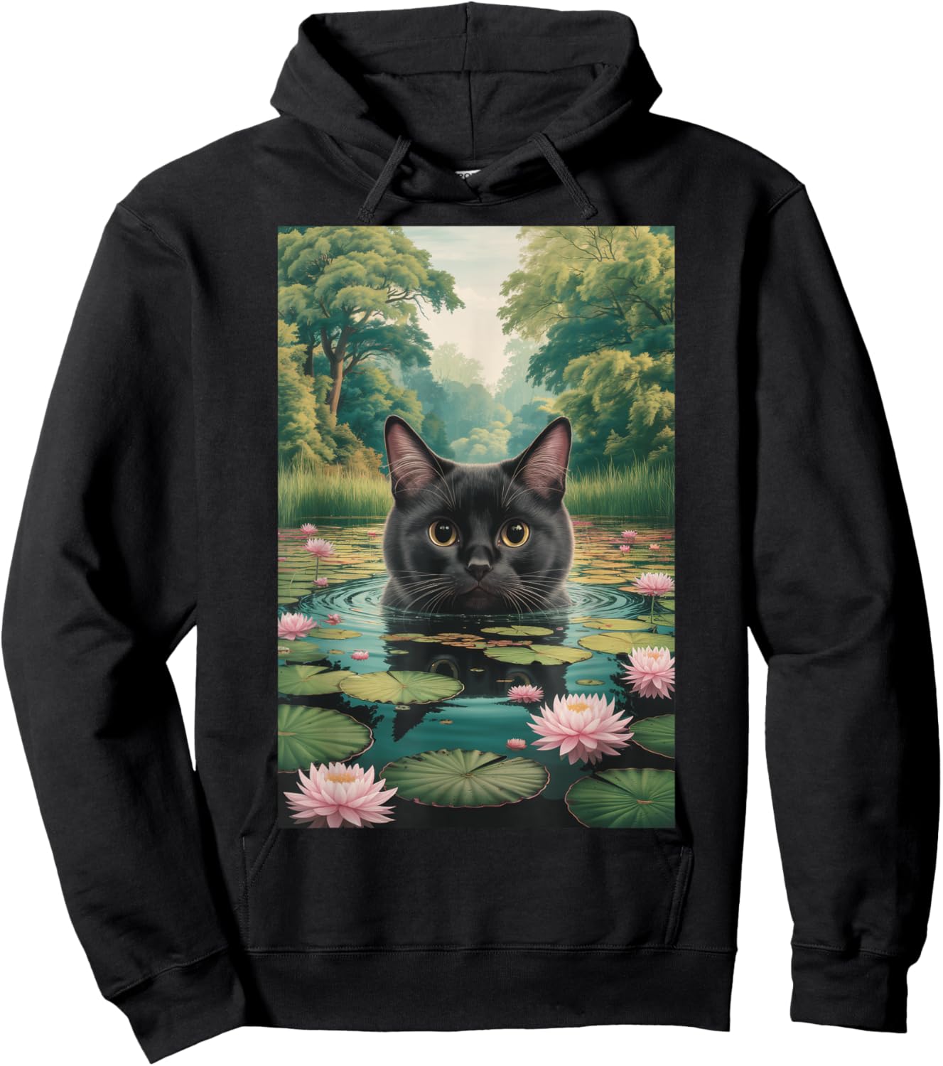 Black Cat Monets Waterlily Painting Art Cat Hoodie - Hoodie | Black