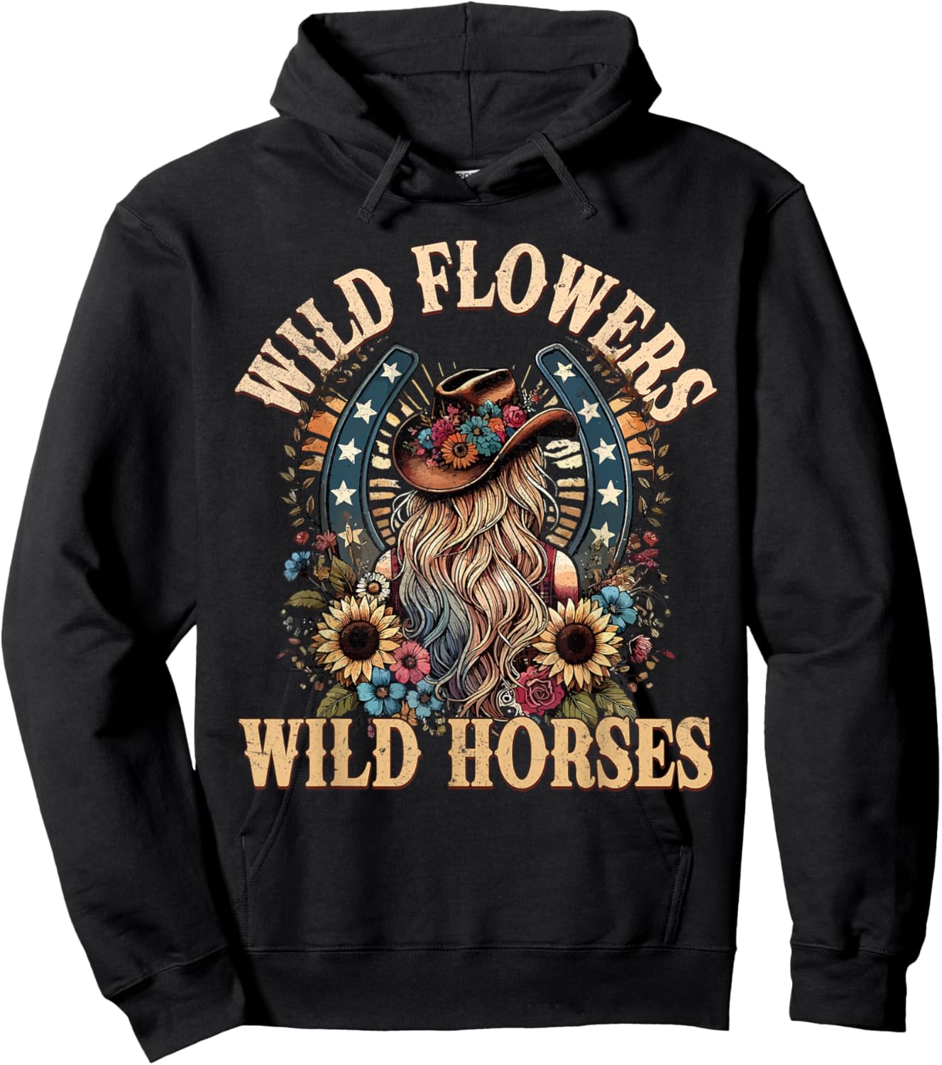 Retro Southern Sunset Cowgirl Wild Flowers - Wild Horses Hoodie - Hoodie | Black