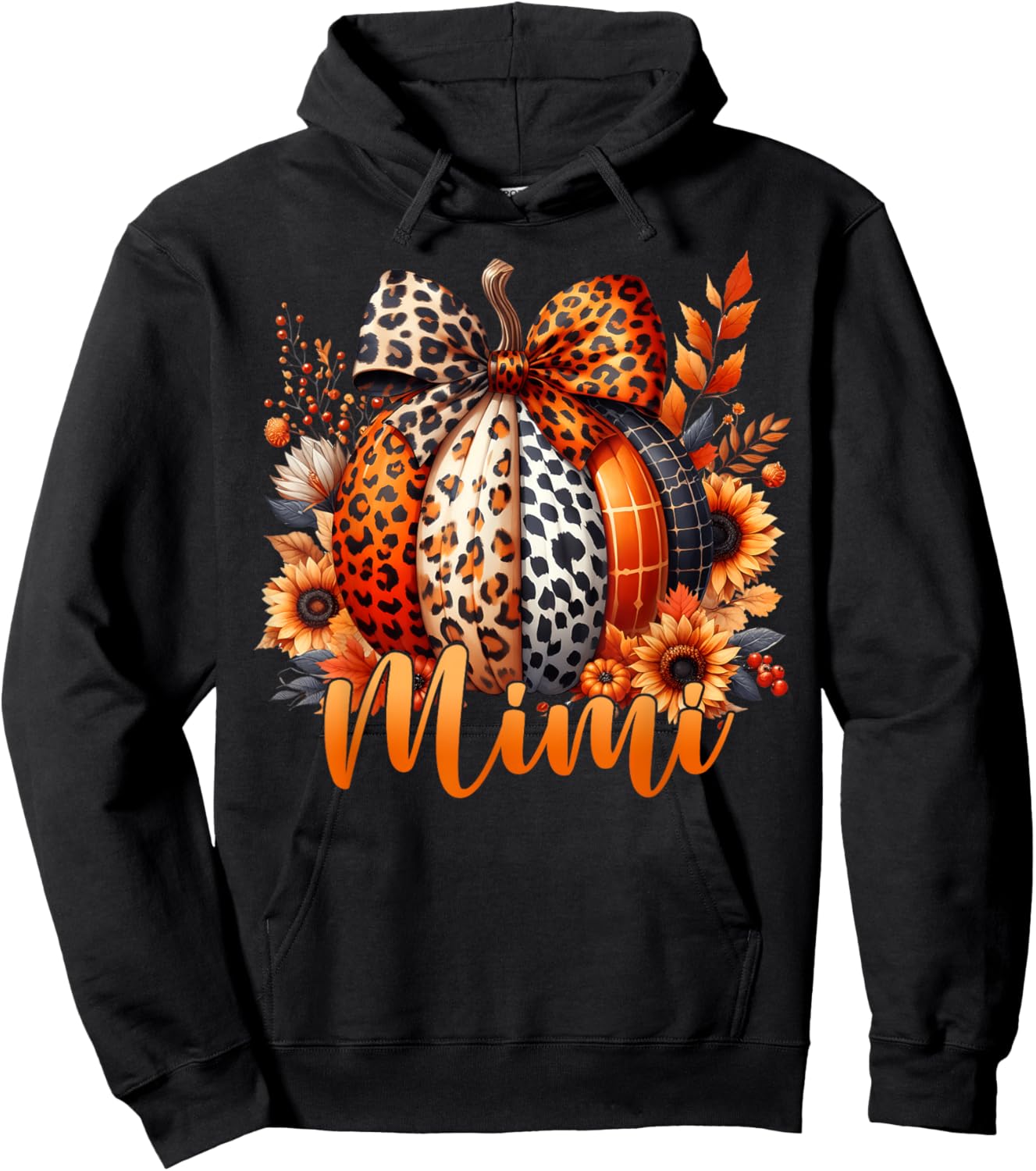 Mimi Thanksgiving Leopard Pumpkin Sunflower Coquette Bow Hoodie - Hoodie | Black