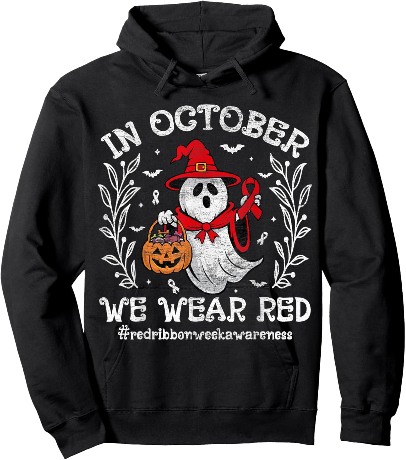 In October We Wear Red For Red Ribbon Week Awareness Ghost Hoodie - Hoodie | Black