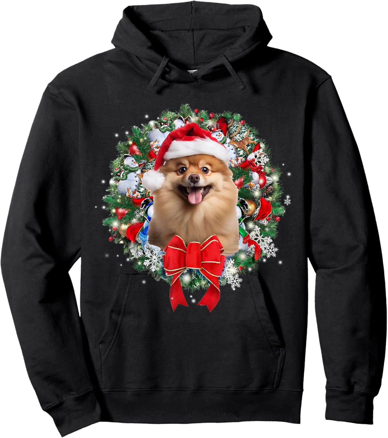 Pomeranian Christmas Wreath Decoration Xmas Pajamas Hoodie - Hoodie | Black