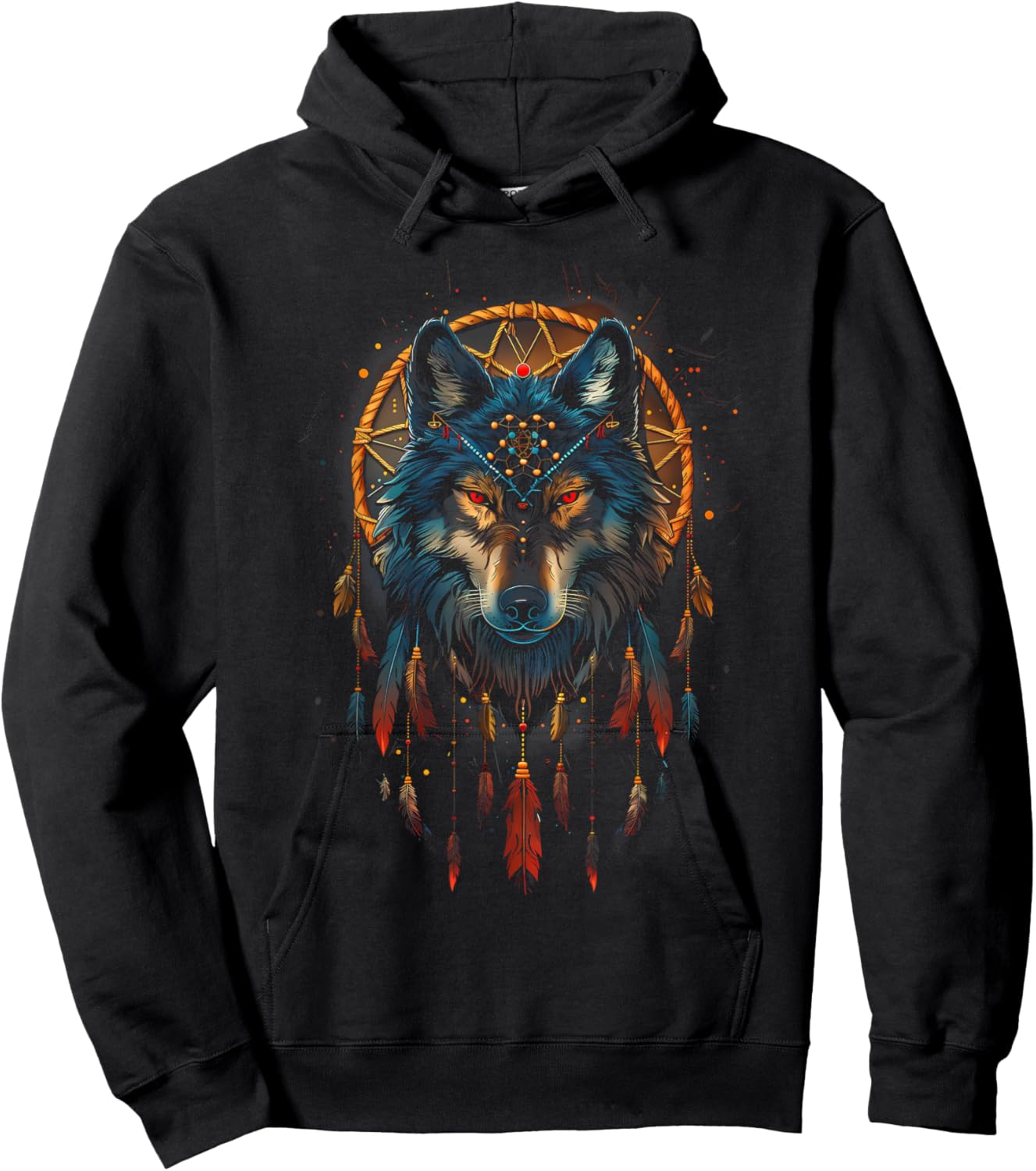 Colorful Mantra Spirit Animal Dreamcatcher Shop Wolf Dreamcatcher Native American Indian Feathers Arts -Adults Black Small Modern Tribal Boho Motif Round Collar Short Sleeve Hoodie - Hoodie | Black