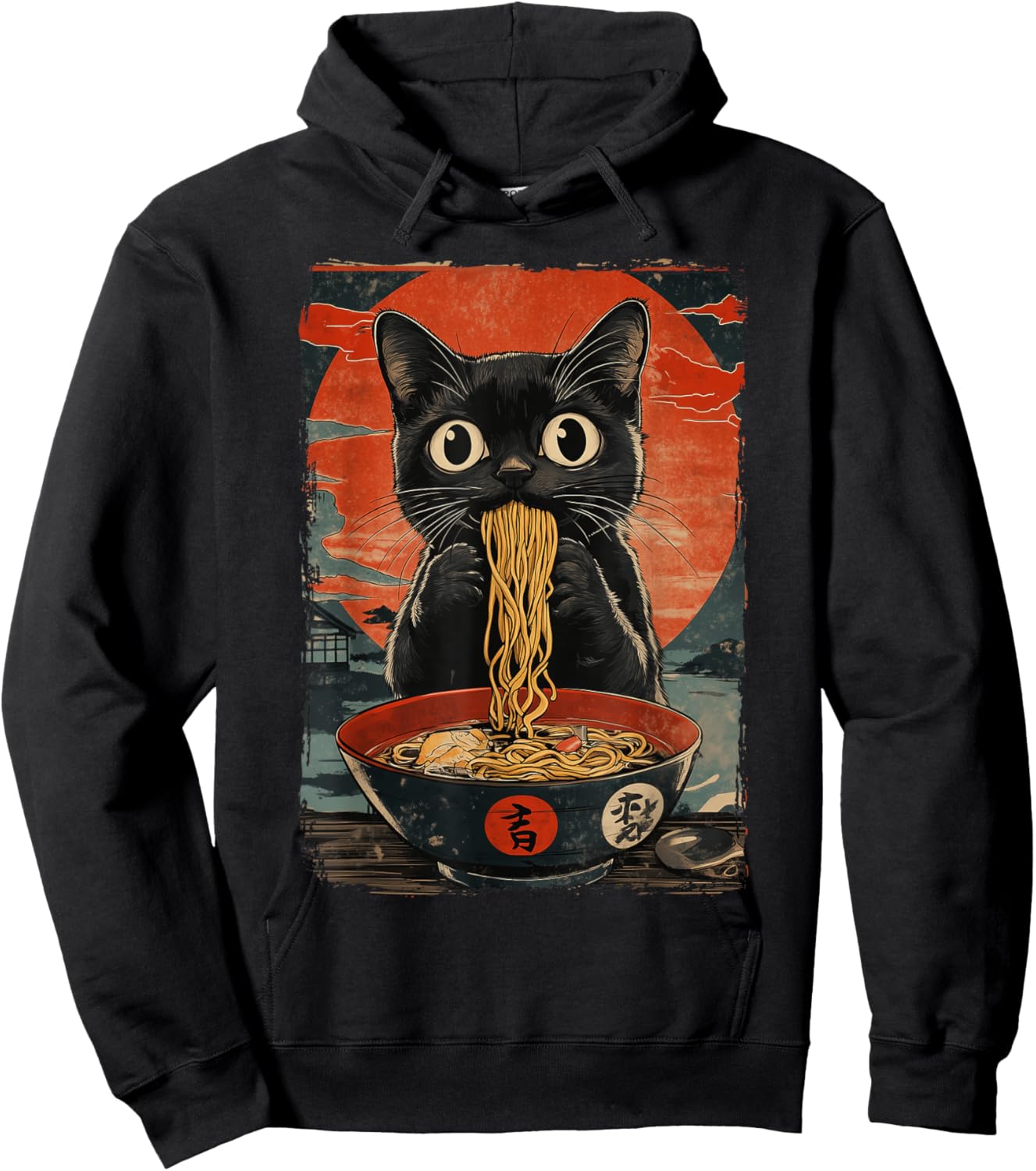 Black Cat Eating Ramen Vintage Hoodie - Hoodie | Black
