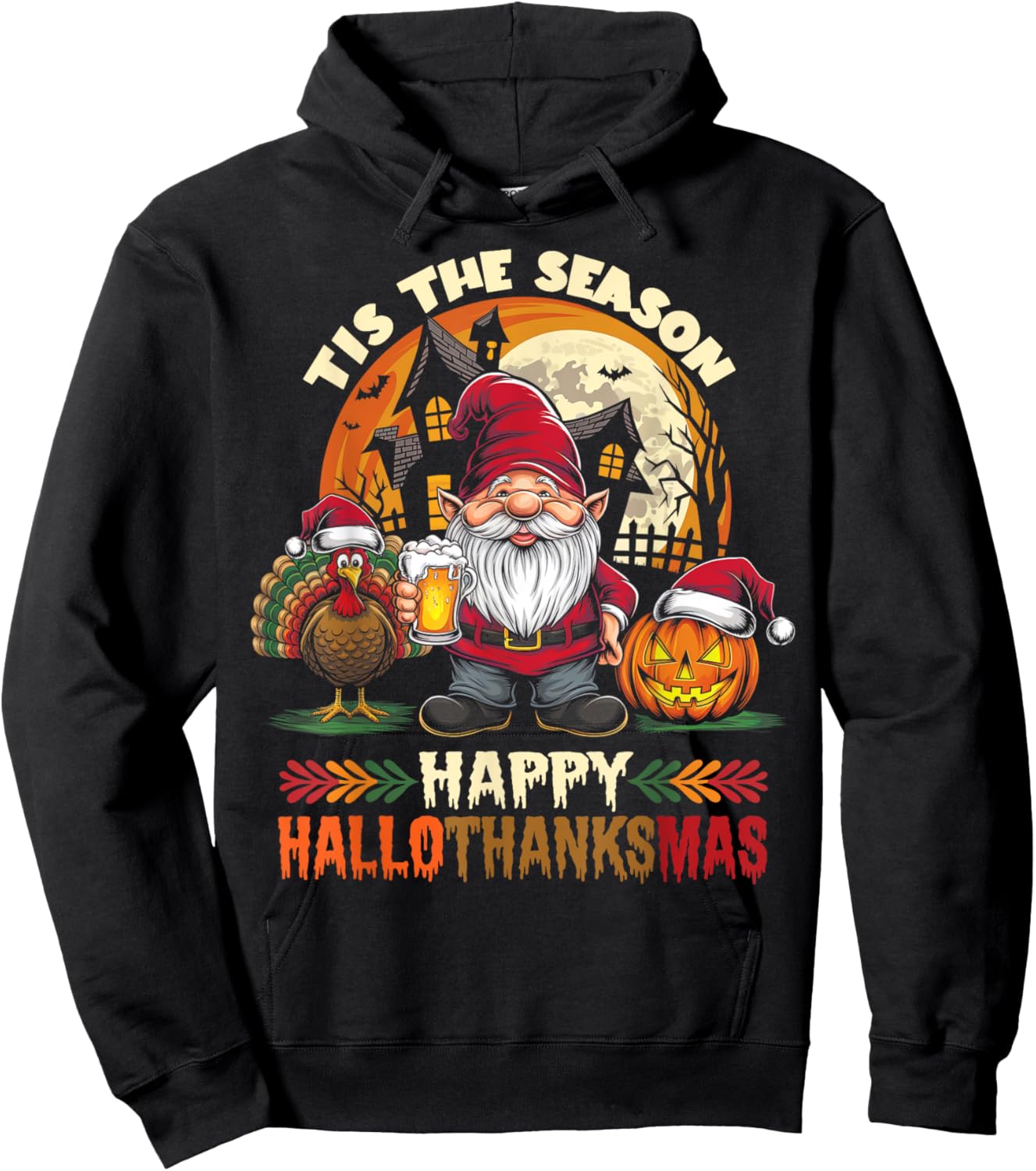 Happy Hallothanksmas Halloween Thanksgiving Merry Christmas Hoodie - Hoodie | Black