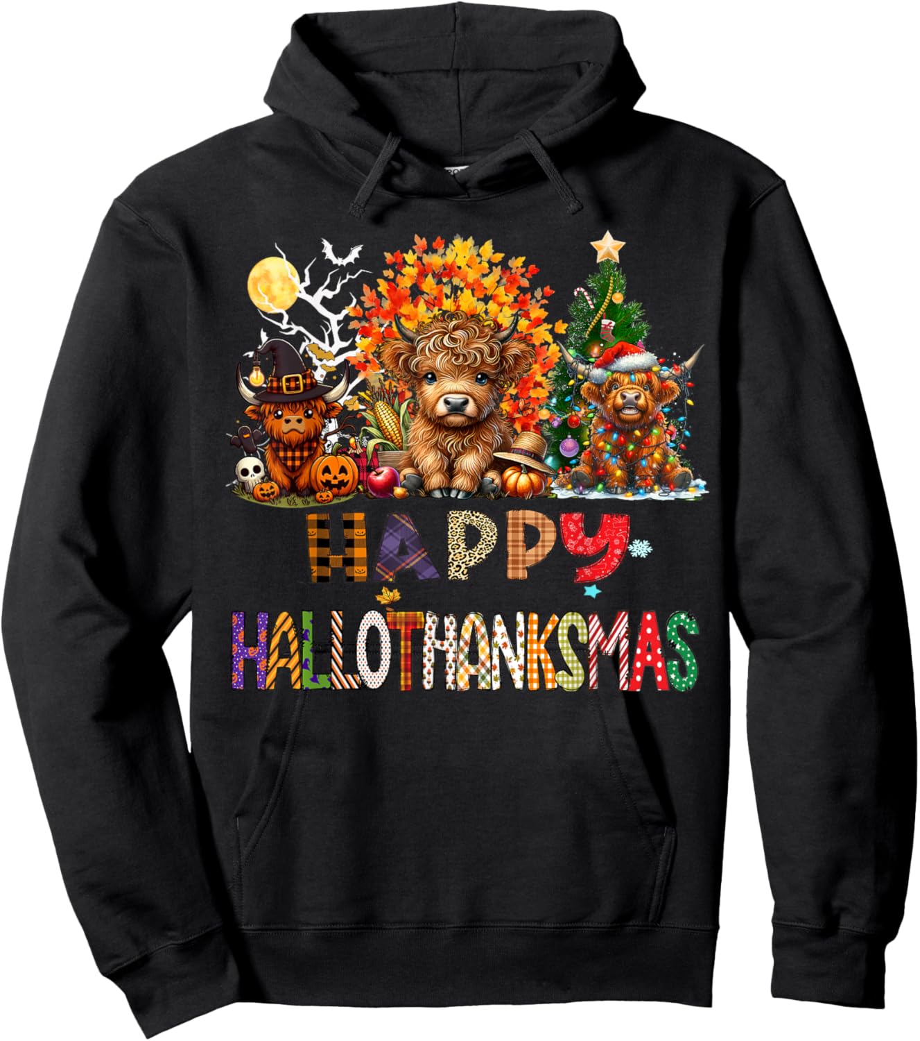 Happy Halloween Thanksgiving Christmas Highland Cow Holiday Hoodie - Hoodie | Black