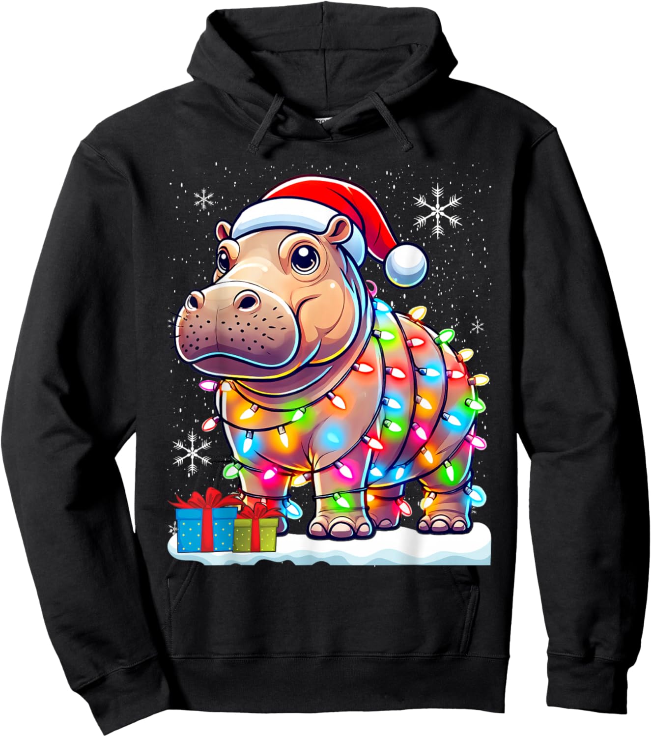 Hippo Lover Gift Co. Christmas Lights Fiona -Adults & Kids , Black, Small, Short Sleeve Hoodie - Hoodie | Black