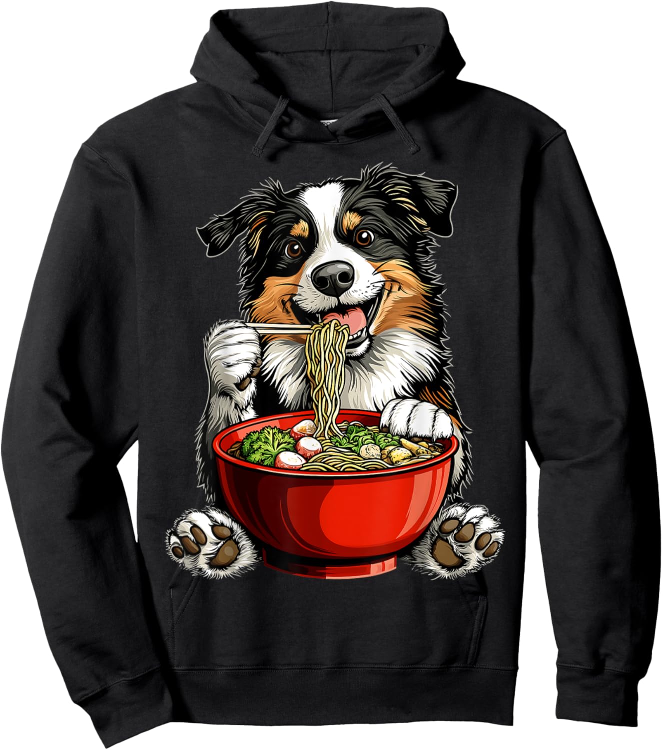 Border Collie Dog Eating Ramen Bowl Japanese Noodles Hoodie - Hoodie | Black