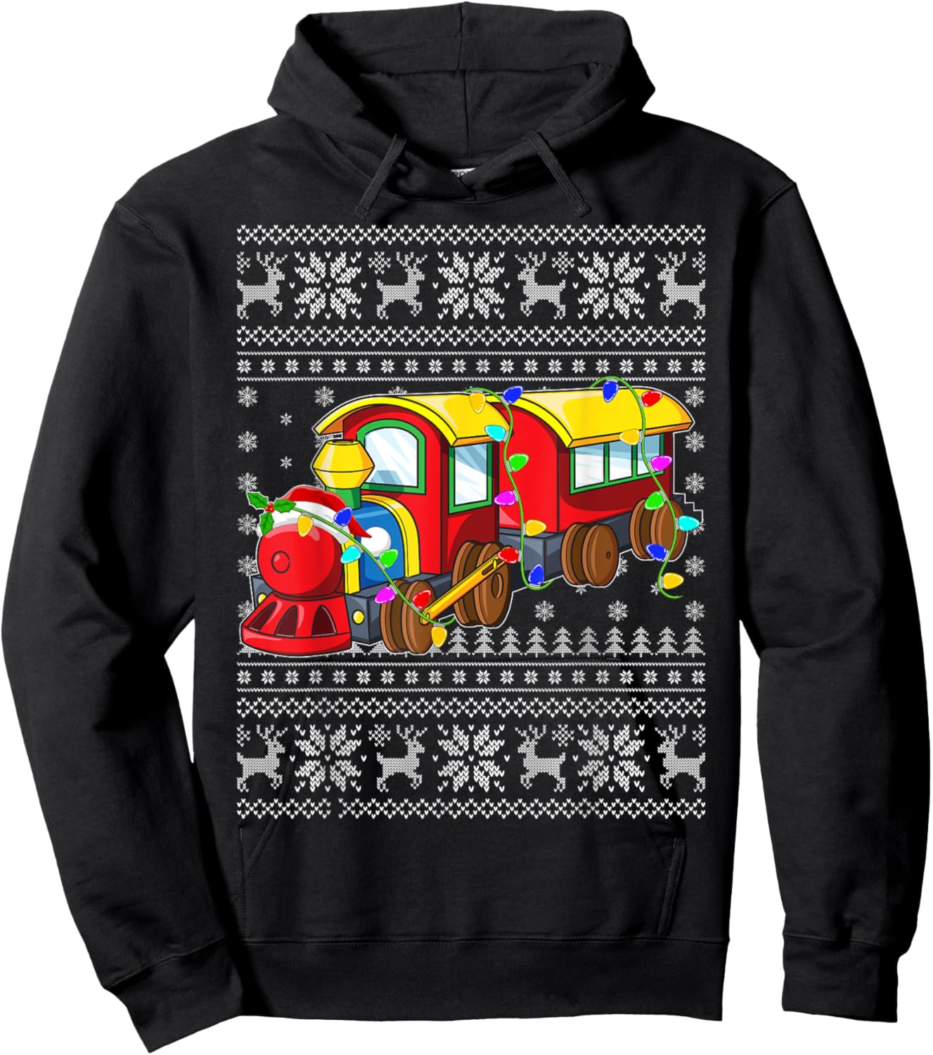 Ugly Sweater Xmas Lights Santa Hat Train Christmas Hoodie - Hoodie | Black