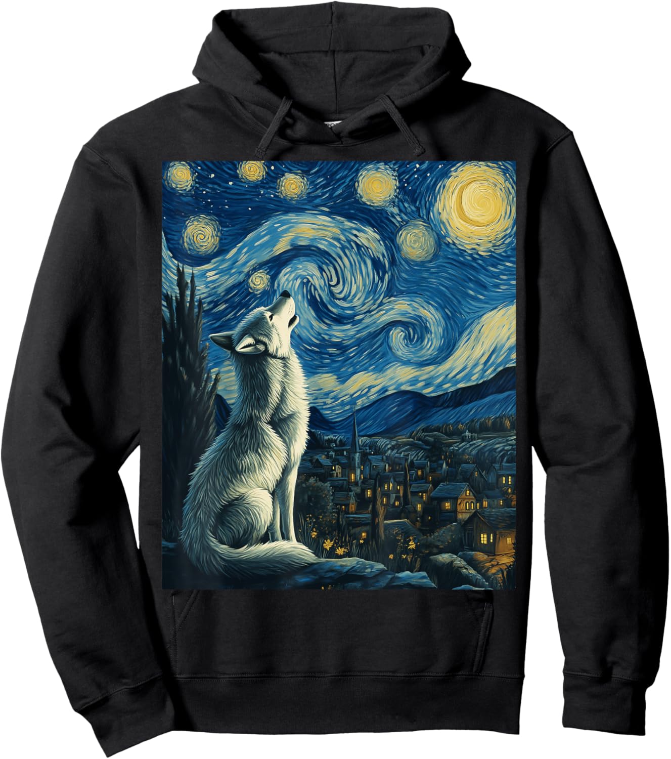 Wolf Starry Night Van Gogh Painting Art Wolves Lovers Hoodie - Hoodie | Black