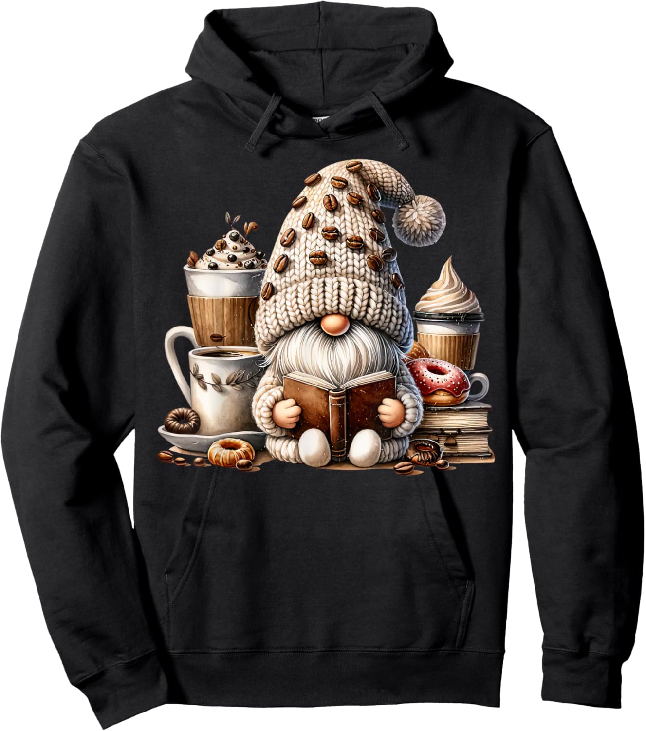 Vintage Cute Gnome Reading Book Coffee Latte Men Women Kids Hoodie - Hoodie | Black