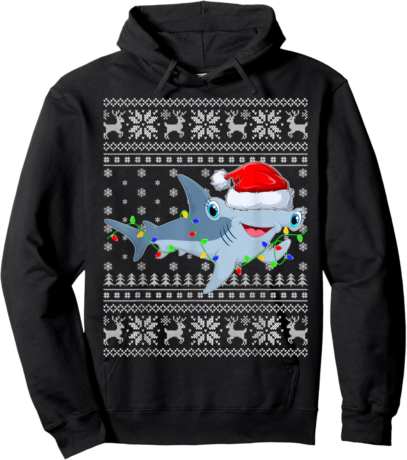 Ugly Sweater Xmas Lights Santa Hammerhead Shark Christmas Hoodie - Hoodie | Black