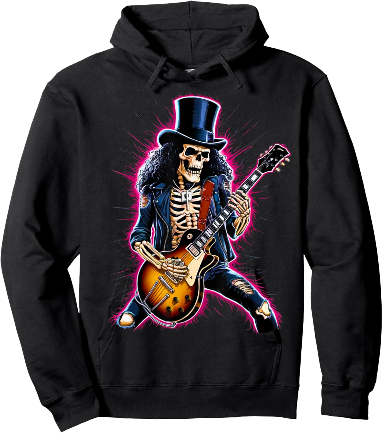Skeleton Playing Guitar Rock & Roll Band 80s 90s Concert Hoodie - Hoodie | Black