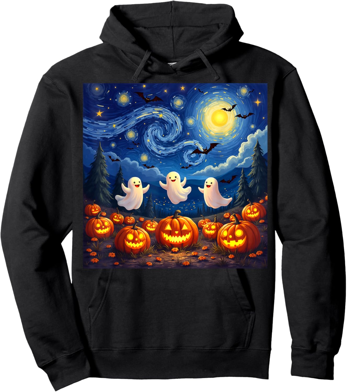 boo ghost halloween pumpkin Starry Night Van Gogh men women Hoodie - Hoodie | Black