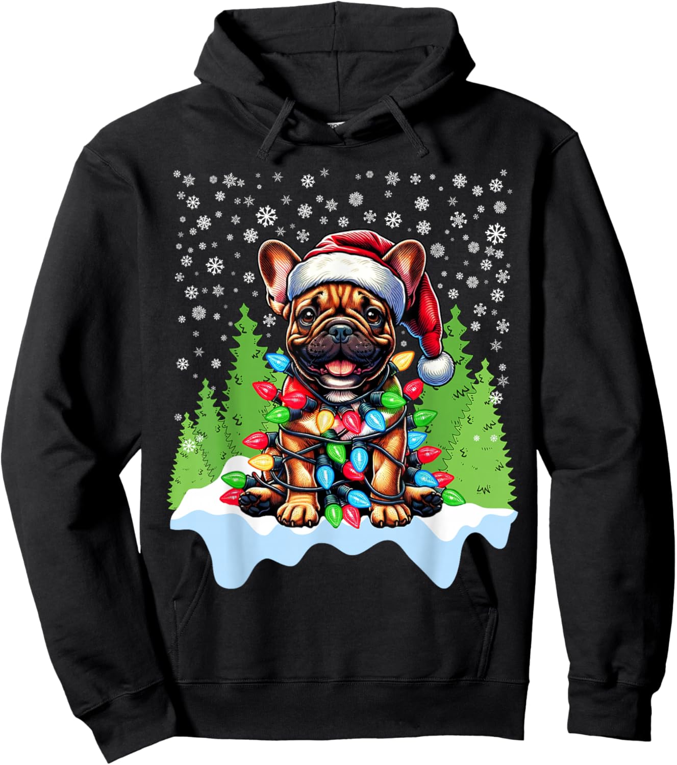 French Bulldog Christmas Santa Hat Lights Tree Snowflakes Hoodie - Hoodie | Black