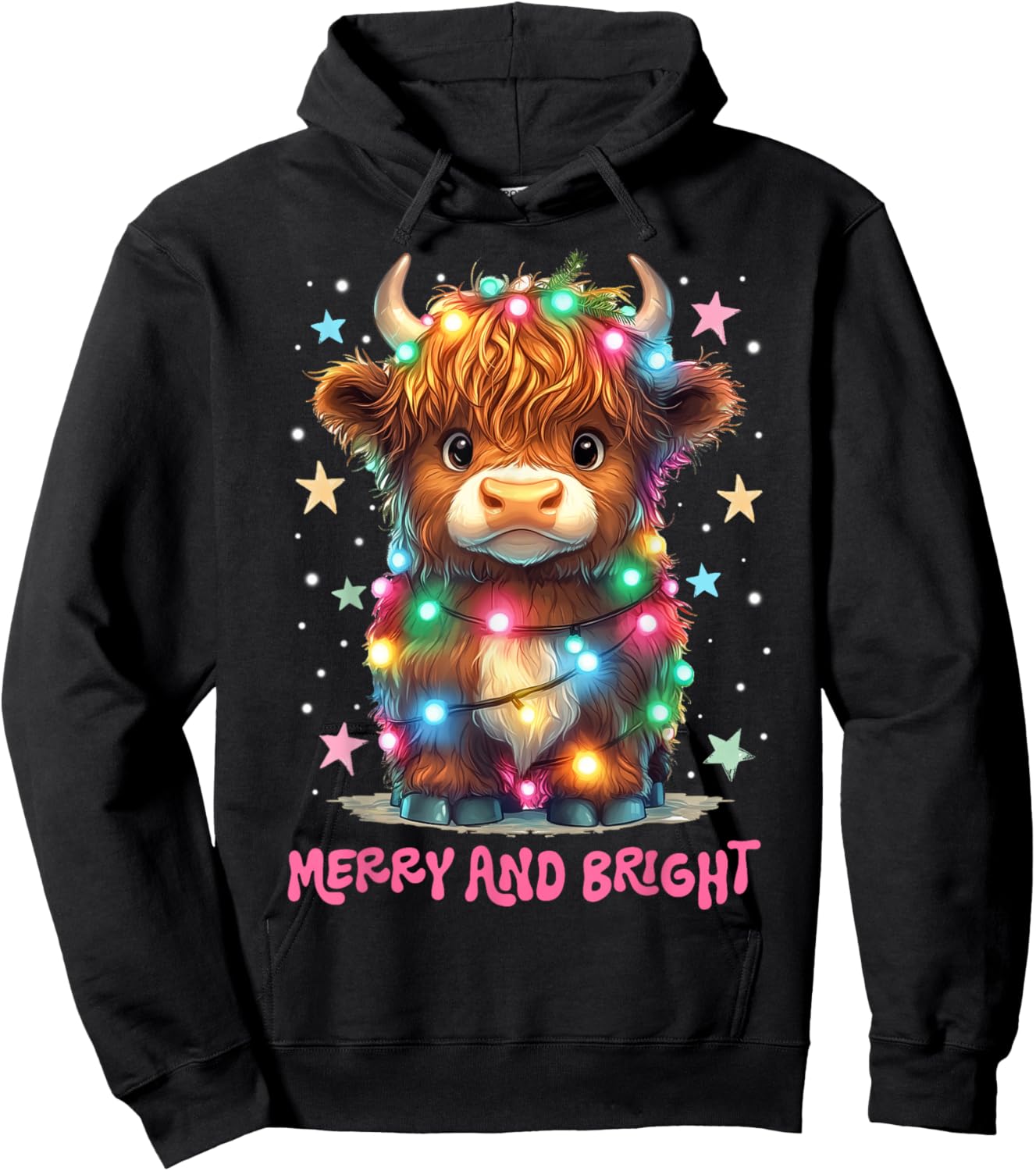 Merry And Bright Cute Highland Cow Christmas Xmas Lights Hoodie - Hoodie | Black