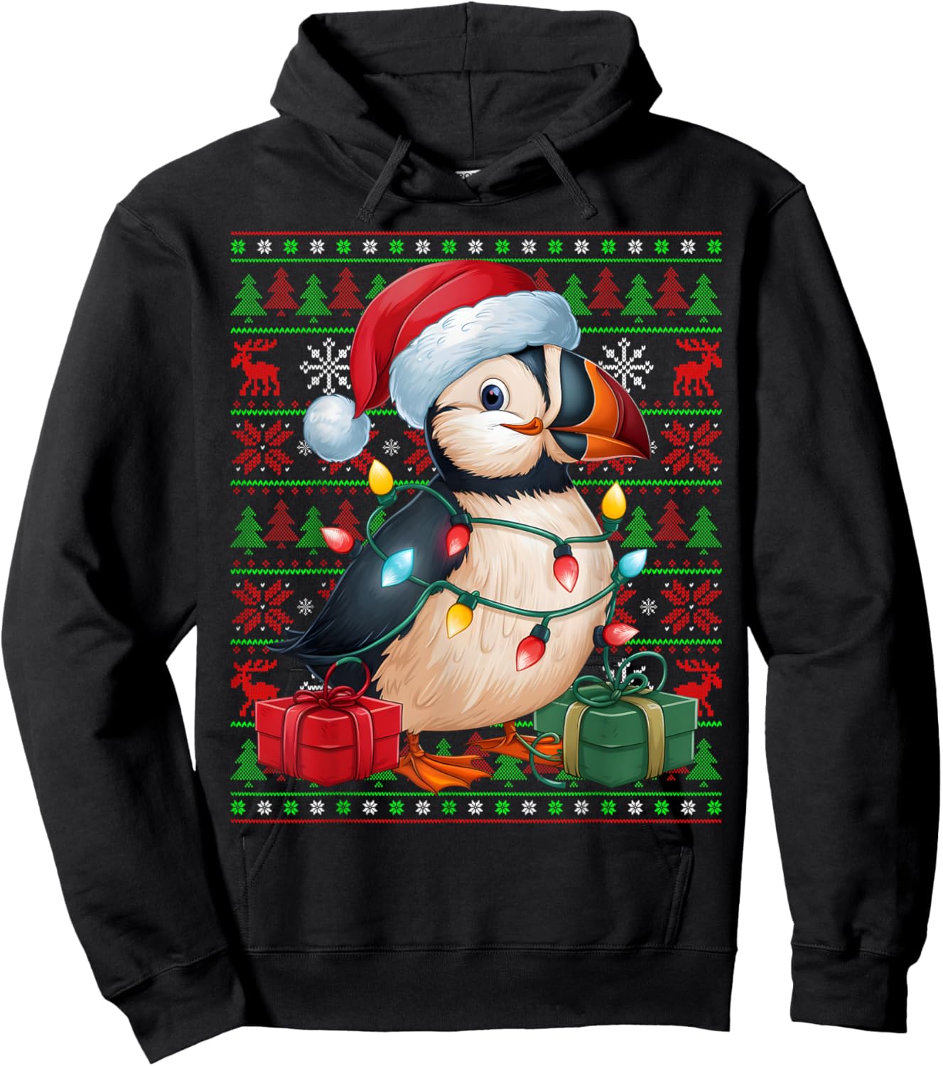 Puffin Bird Xmas Lights Ugly Santa Hat Puffin Christmas Hoodie - Hoodie | Black