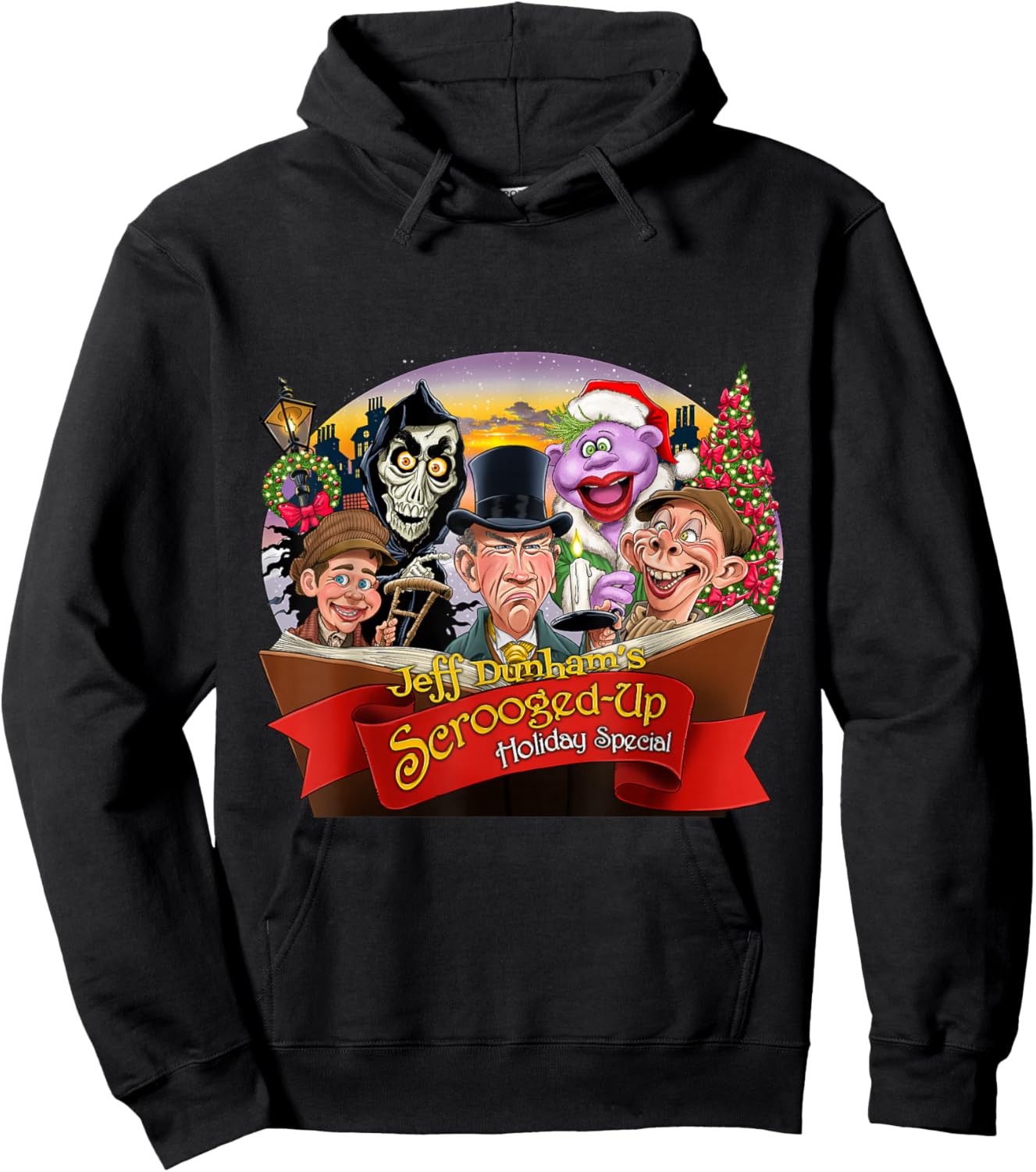 Jeff Dunham 2024 Holiday - Black, -Adults/Kids, Short Sleeve, Cartoon Holiday Character, Classic Fit, Polyester 100% Cotton Blend, Size Small Hoodie - Hoodie | Black