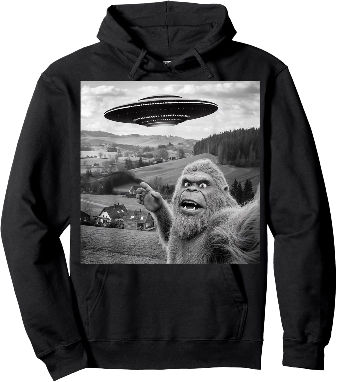 Bigfoot Selfie With Alien UFO Funny Gifts Women Kid Hoodie - Hoodie | Black