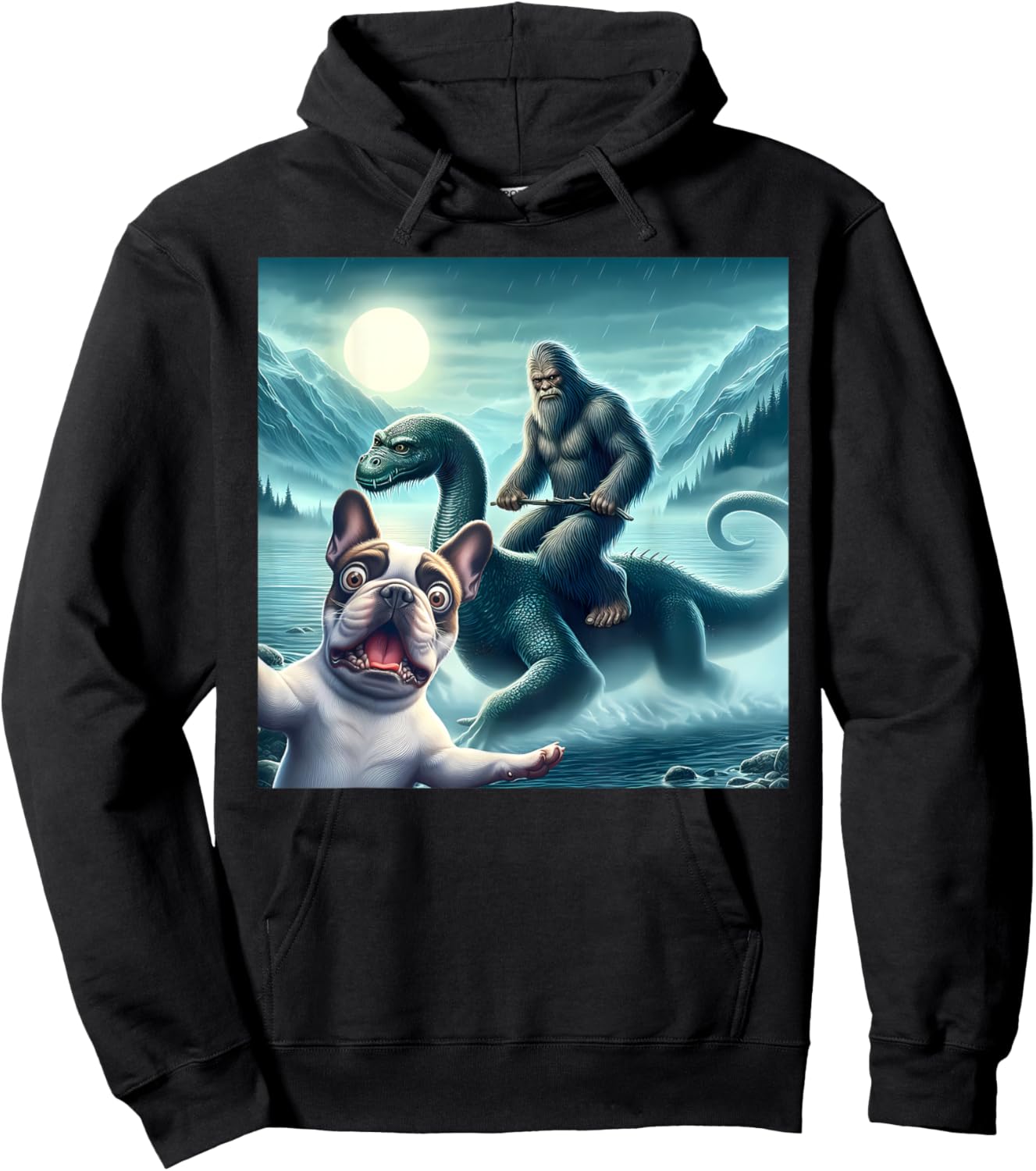 French bulldog Selfie with bigfoot riding loch Ness Hoodie - Hoodie | Black