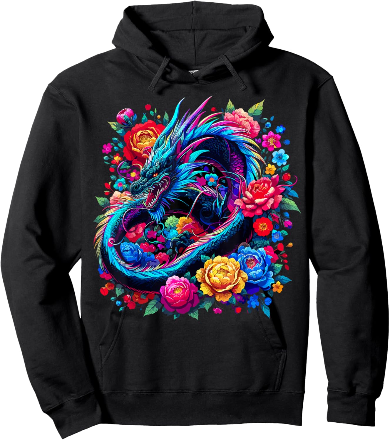 Colorful Dragon Flowers Hoodie - Hoodie | Black