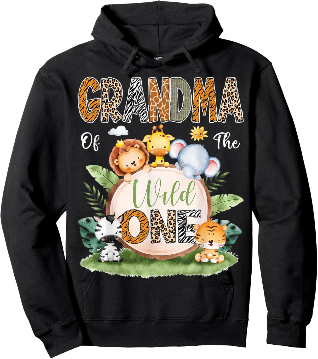 Grandma Of The Wild One 1St Birthday Kids Safari Jungle Hoodie - Hoodie | Black
