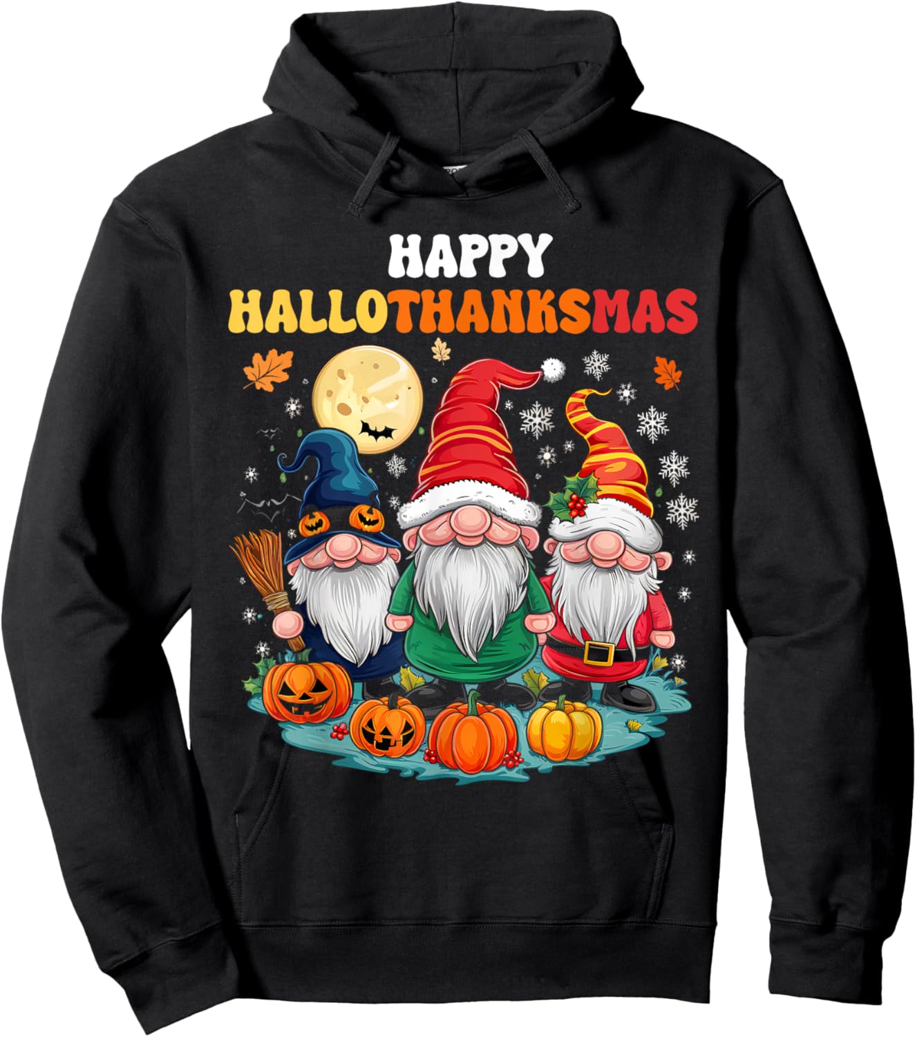 Happy HalloThanksMas Gnomes Halloween Thanksgiving Xmas Hoodie - Hoodie | Black