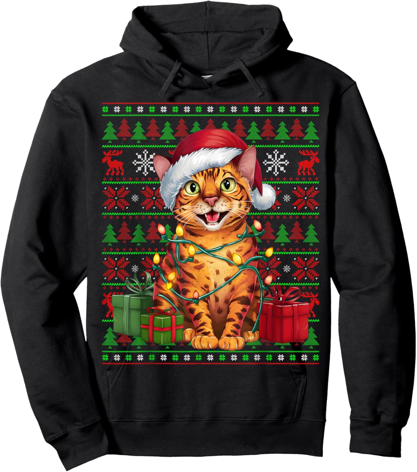 Bengal Cat Xmas Lights Ugly Santa Hat Bengal Cat Christmas Men Women Kids Hoodie - Hoodie | Black
