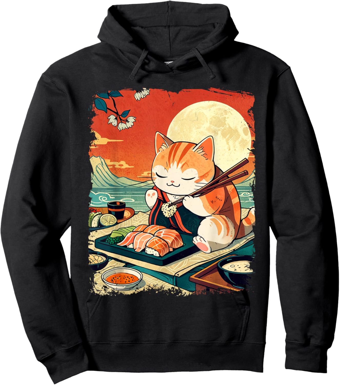 Ukiyo-e Art Japanese Funny Cat Eating Sushi Hoodie - Hoodie | Black