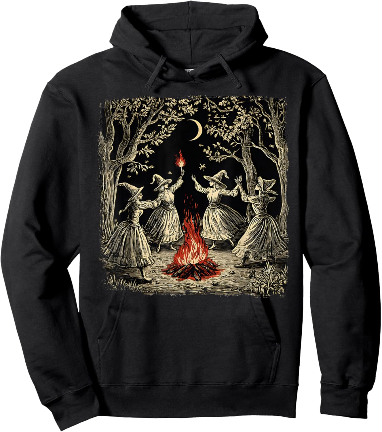 Vintage Witch Coven Dancing Around Bonfire Halloween Witches Hoodie - Hoodie | Black