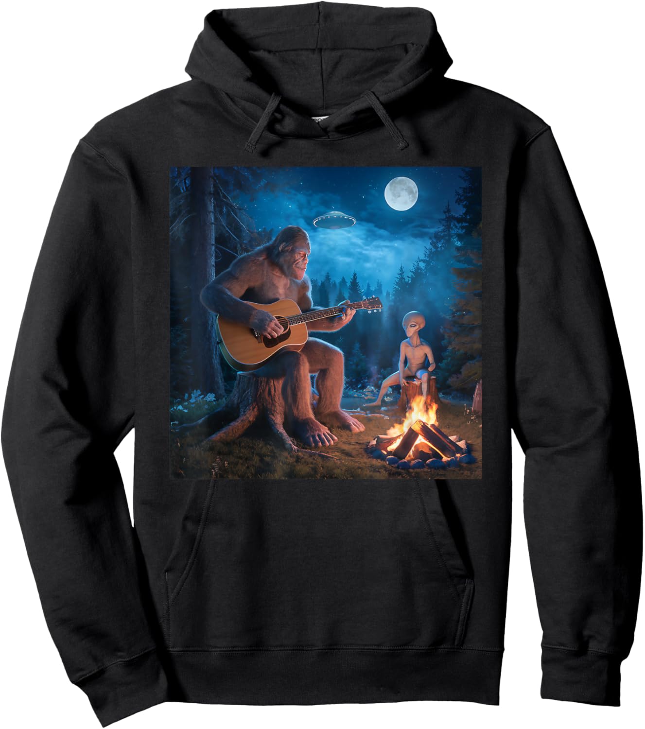 Bigfoot Alien Sasquatch Campfire UFO Music Night Scene Hoodie - Hoodie | Black