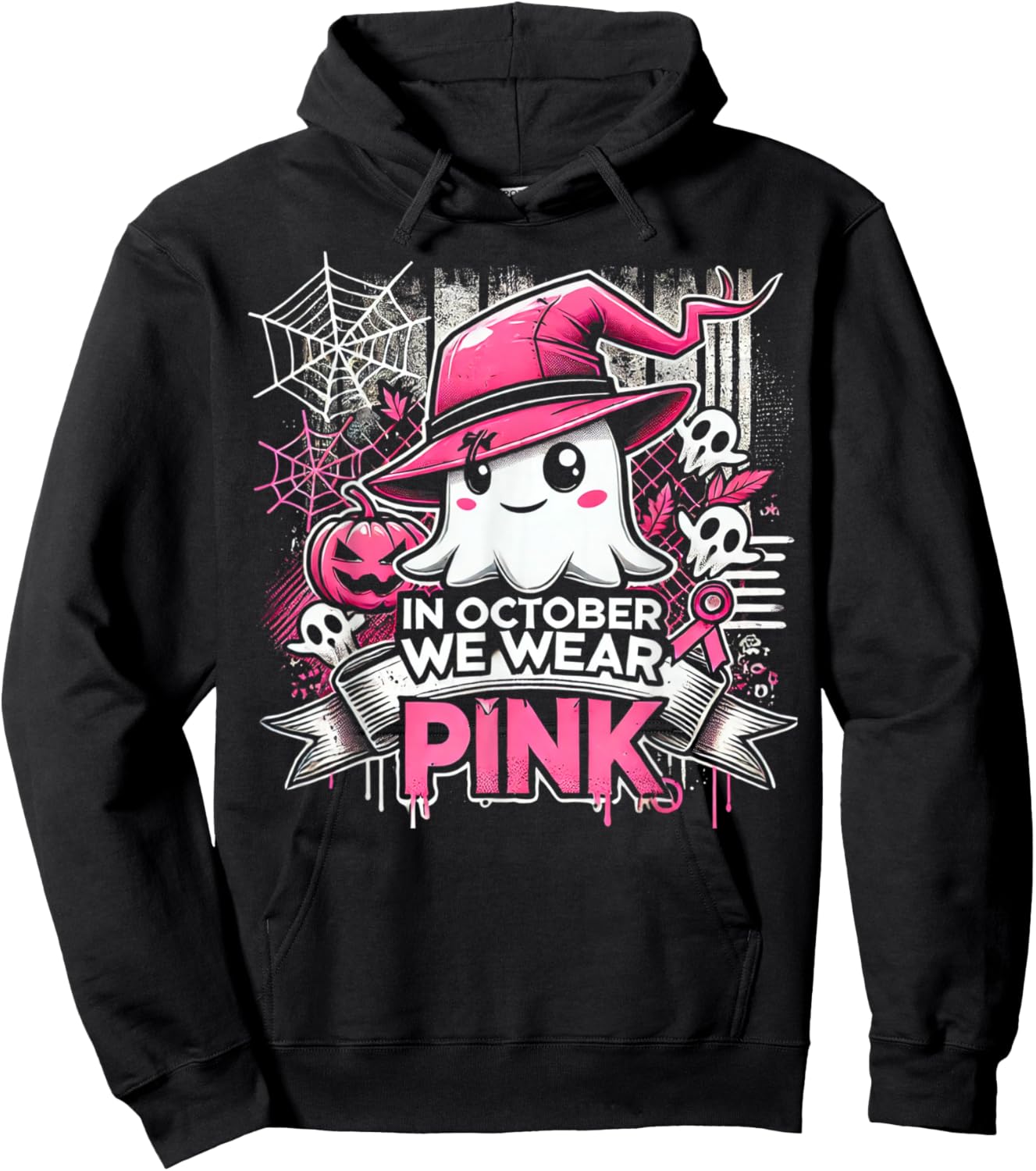 October We Wear Pink Ghost Witch Halloween Hoodie - Hoodie | Black