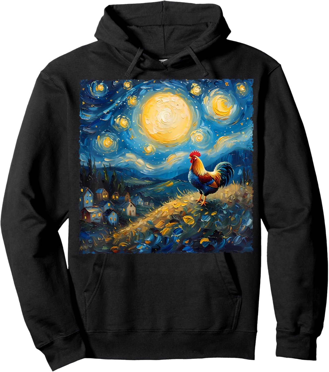 Van Gogh Style Funny Rooster Lover The Starry Night Painting Hoodie - Hoodie | Black
