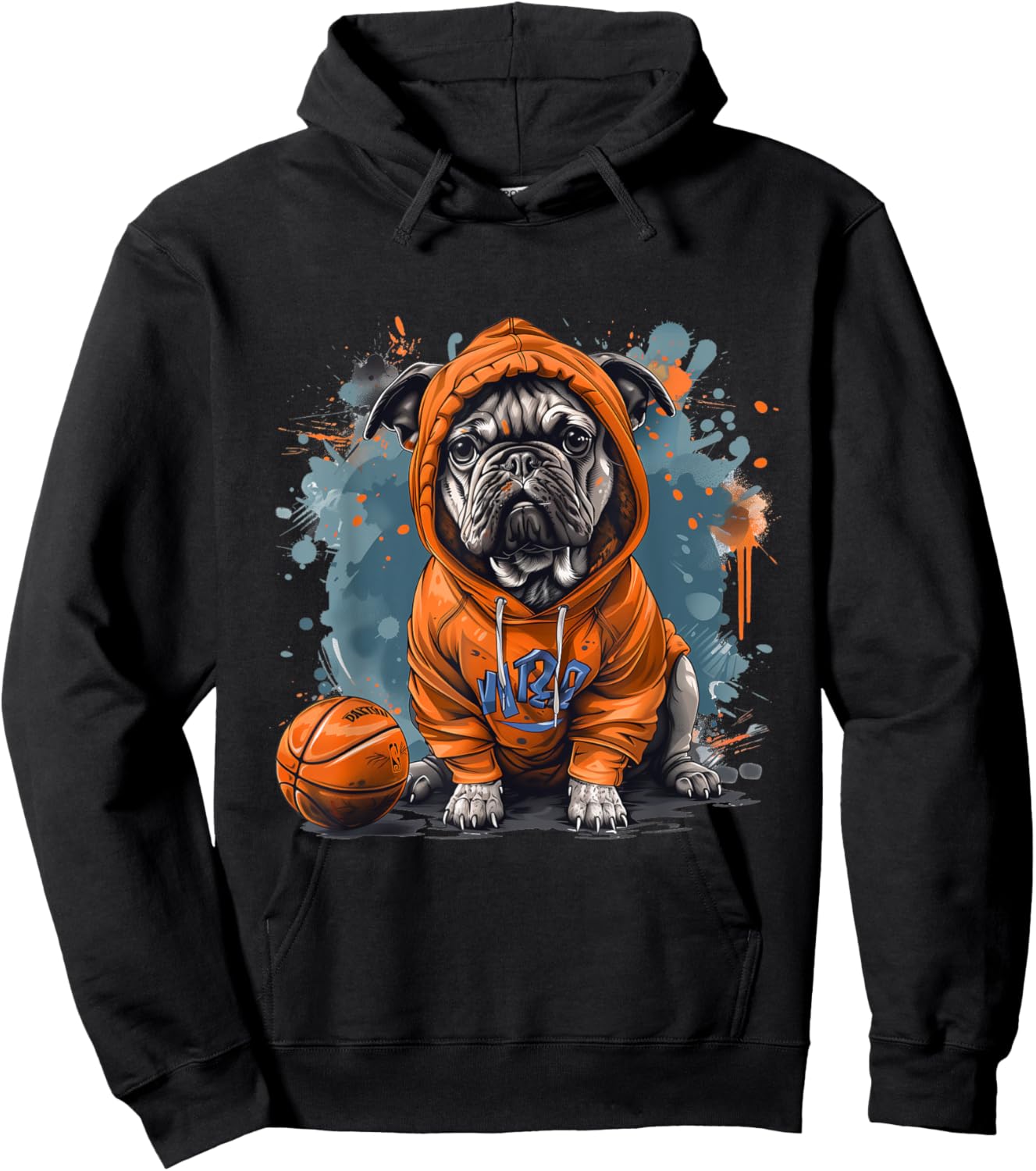 Cute French Bulldog Basketball Cool Dog Sports Orange Blue Hoodie - Hoodie | Black