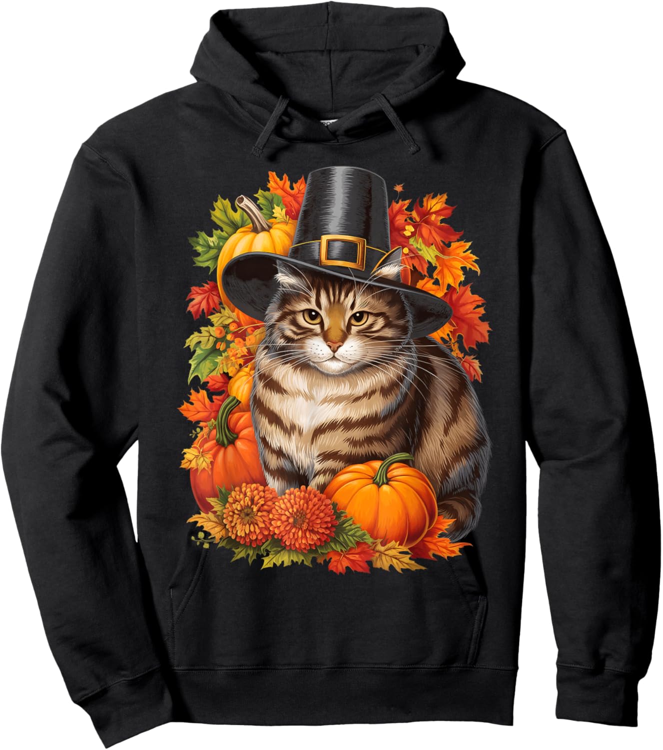 Thanksgiving Pilgrim Cat Lover Autumn Leaves Men Women Kids Hoodie - Hoodie | Black