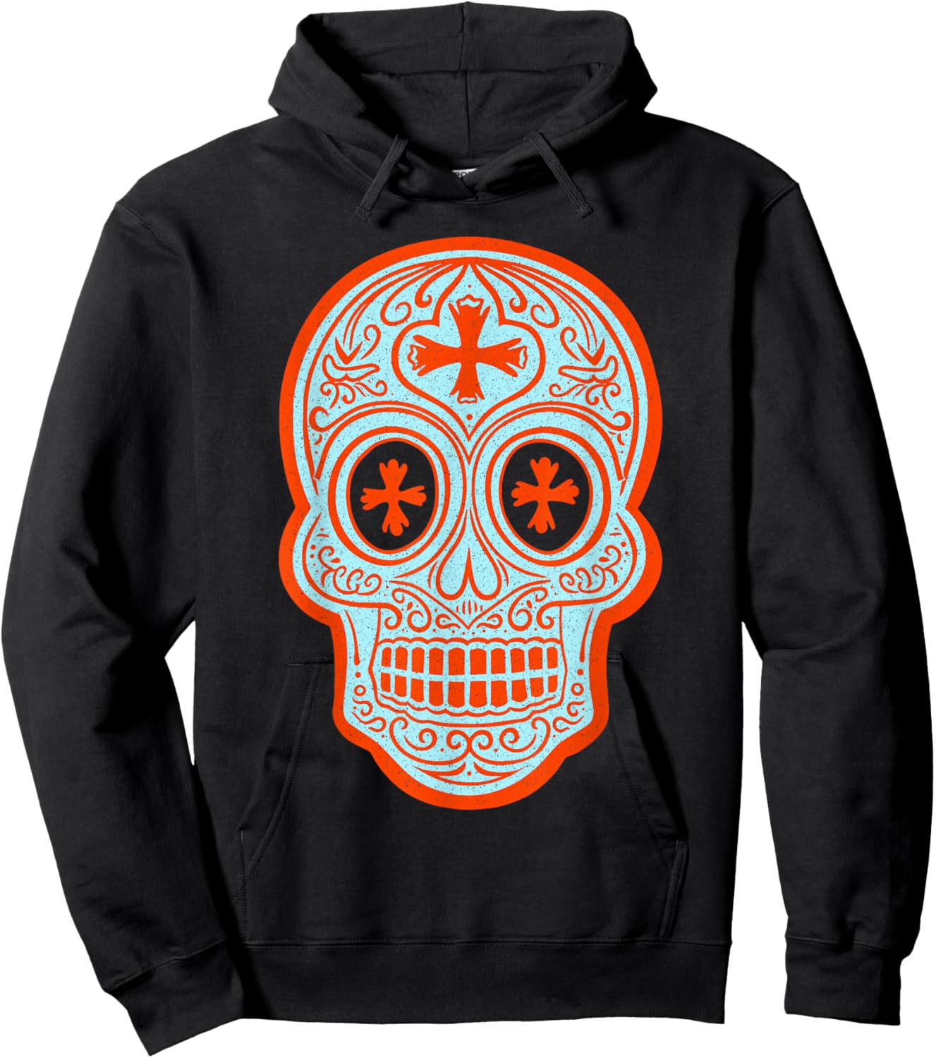Vintage Calavera Sugar Skull Orange and Blue Design Hoodie - Hoodie | Black