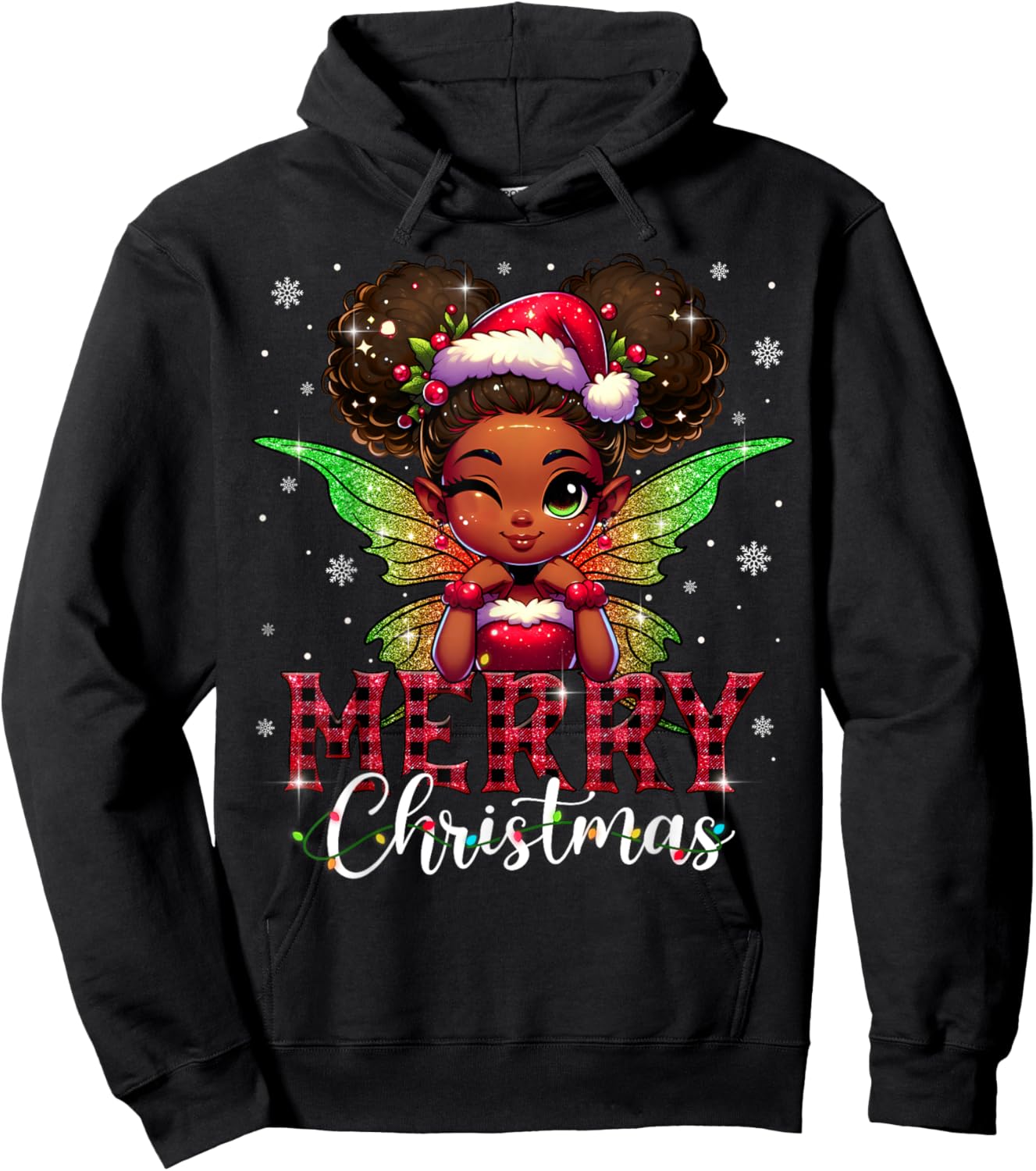 African American Merry Christmas Cute Black Girl Kids Hoodie - Hoodie | Black