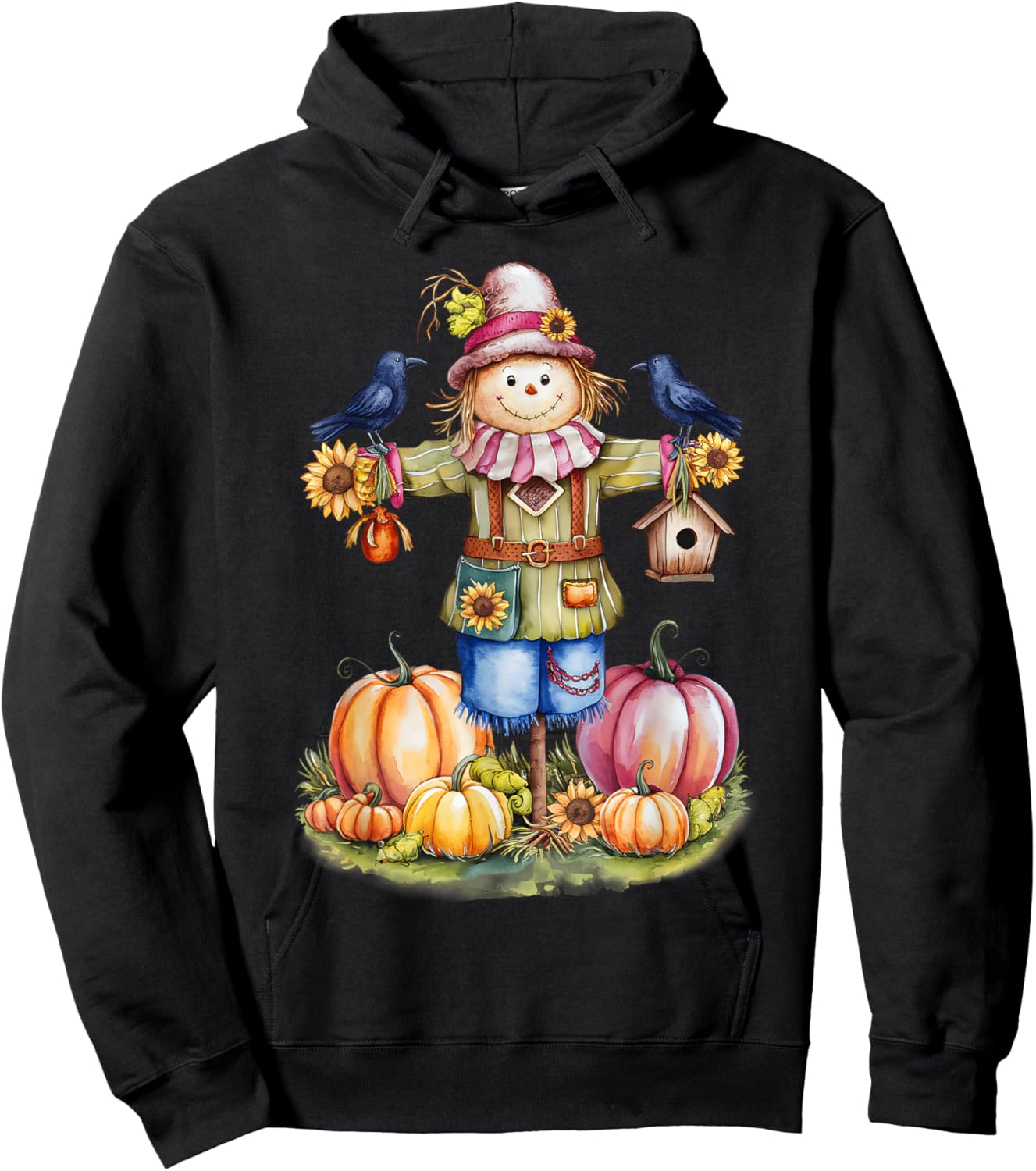 Scarecrow In Pumpkin Garden Hello Fall Autumn Falling Leaves Hoodie - Hoodie | Black