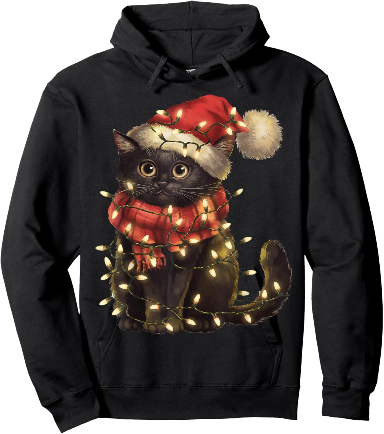 Black Cat Christmas Tree Lights Funny Xmas Men Women Family Hoodie - Hoodie | Black