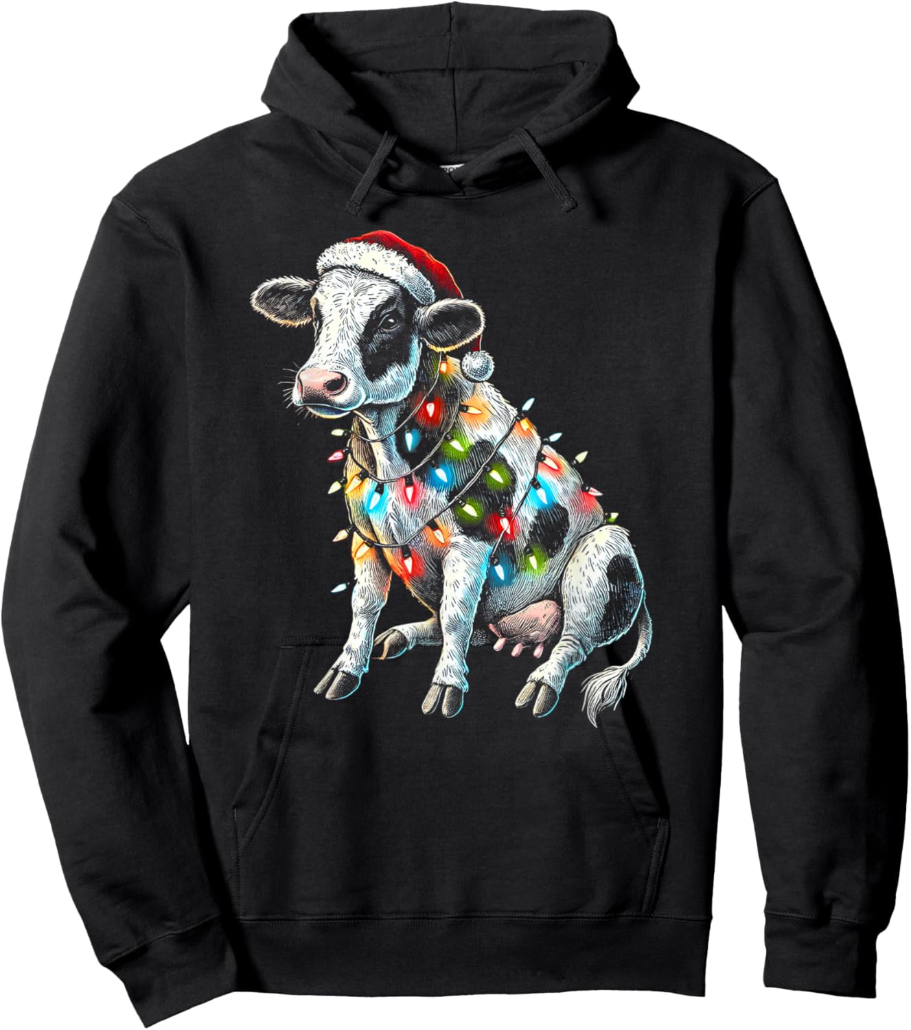 Funny Cow Farmer Small Holding Santa Hat Christmas Lights Hoodie - Hoodie | Black