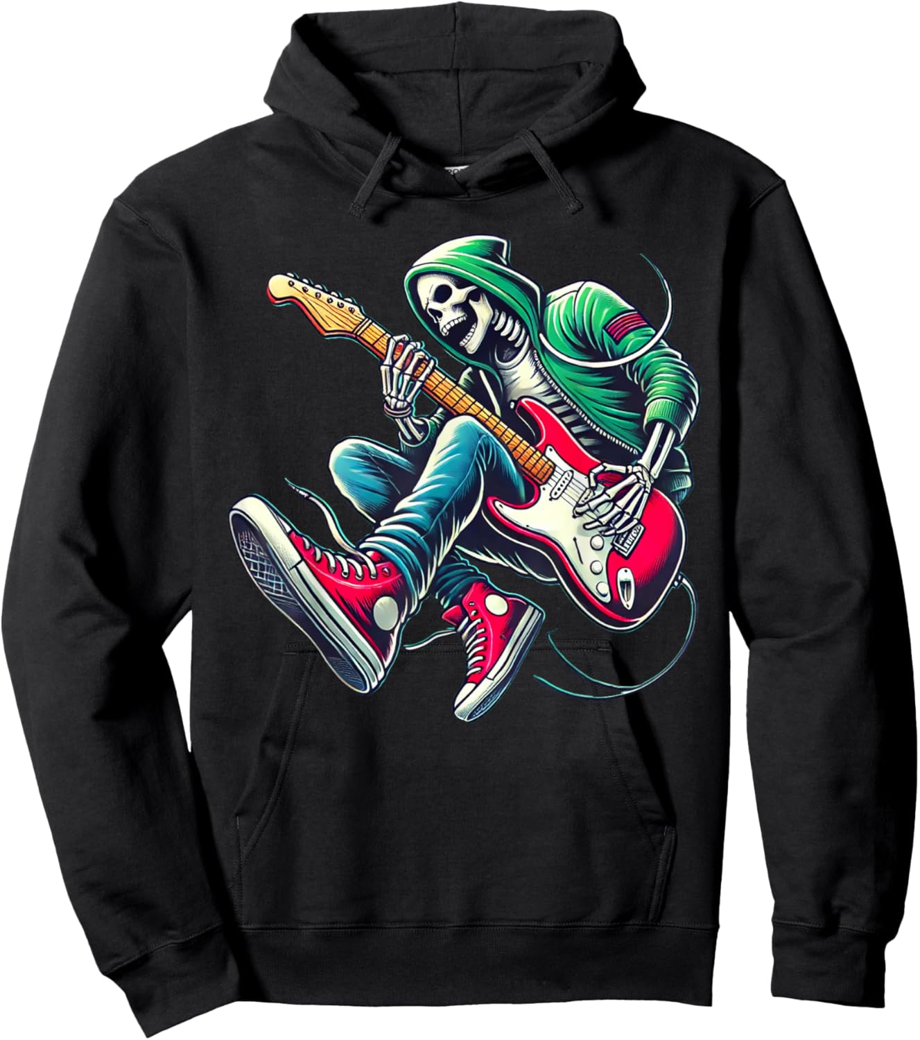 Skeleton Playing Guitar - Rock And Roll Graphic Band Hoodie - Hoodie | Black