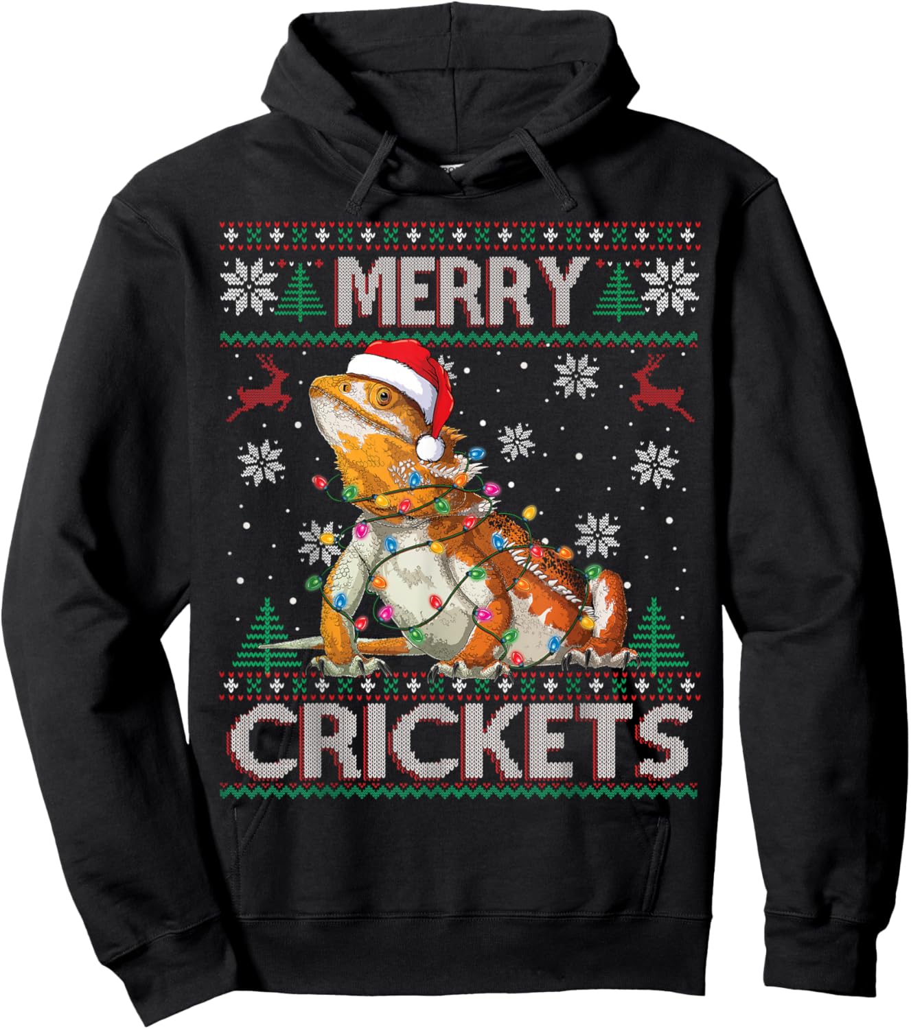 Merry Crickets Bearded Dragon Ugly Sweater Christmas Pajama Hoodie - Hoodie | Black