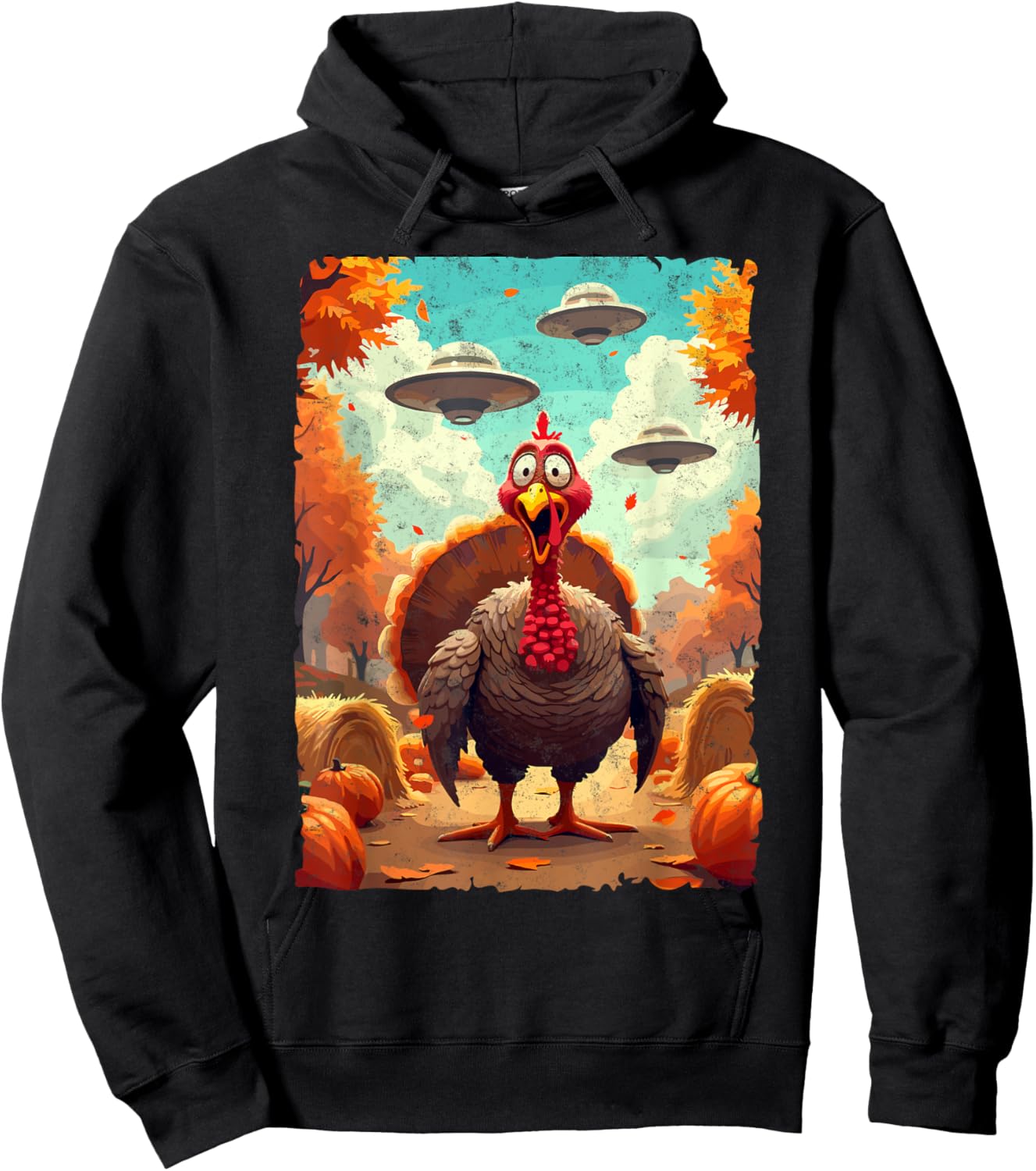 Autumn Fall Season Funny Turkey & UFO Thanksgiving Day Alien Believer Hoodie - Hoodie | Black