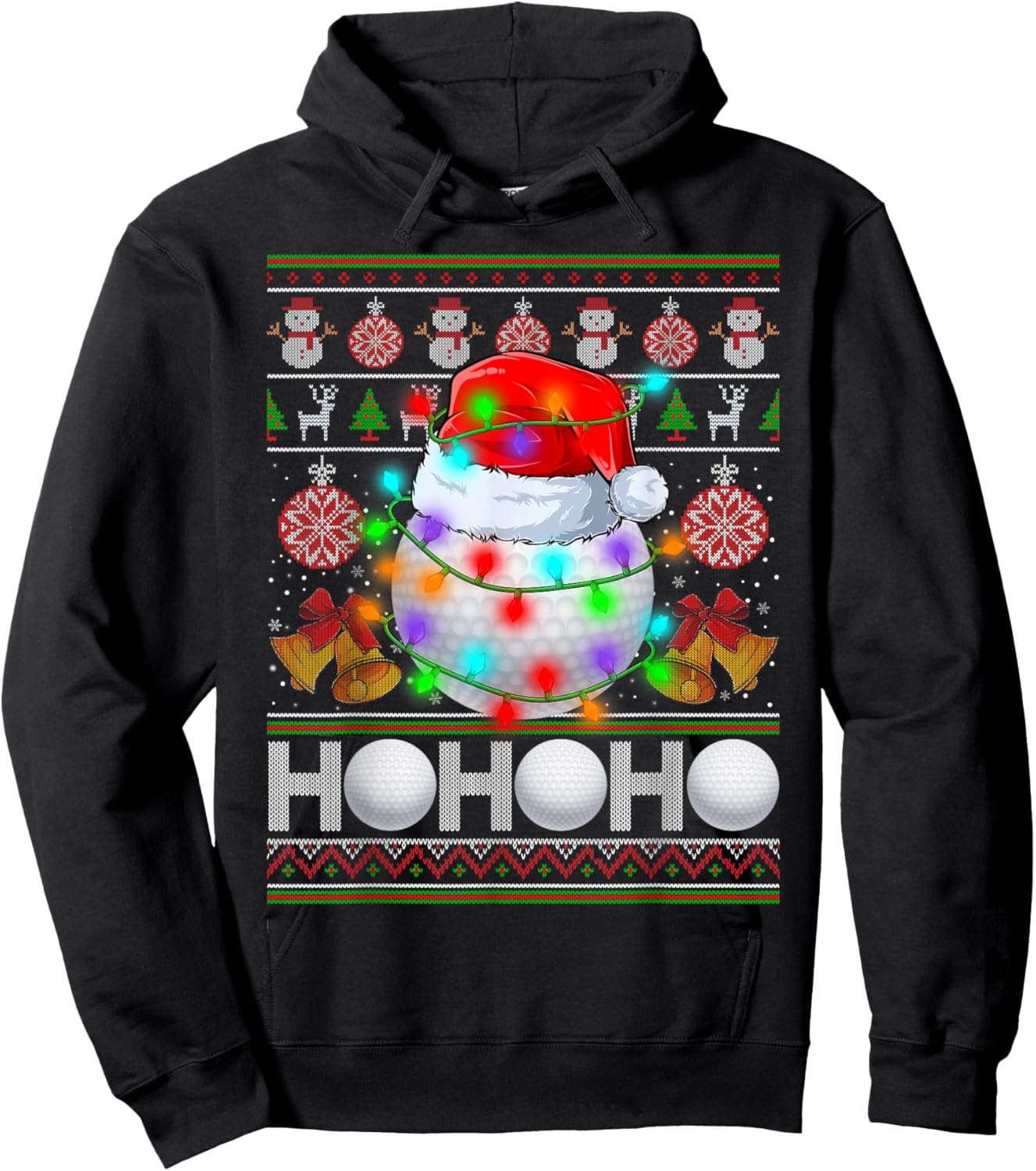Santa Claus Golf Ball Xmas Tree Light Ugly Christmas Sweater Hoodie - Hoodie | Black