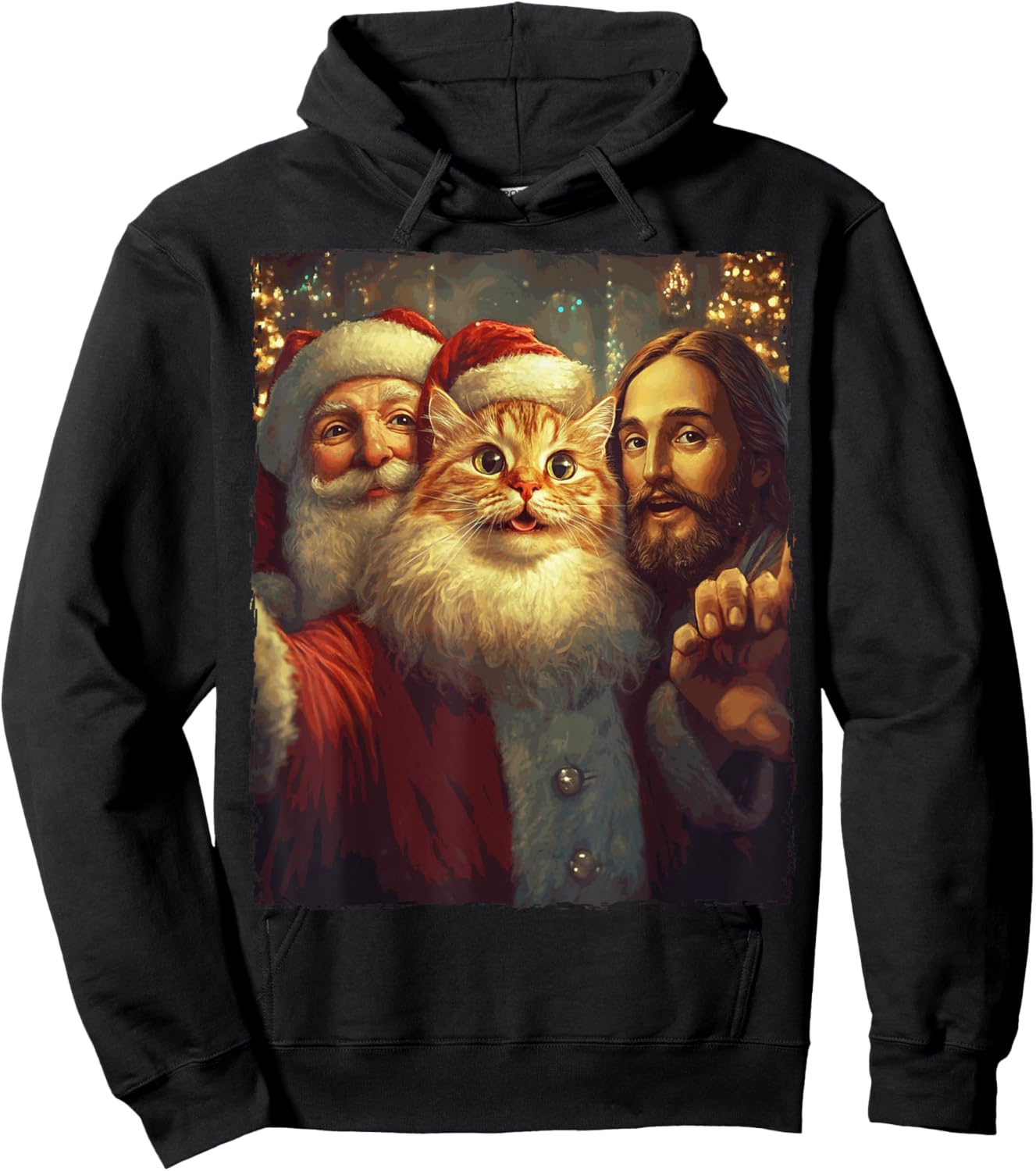 Funny Cat Selfie Santa Jesus Xmas Christmas Men Women Kids Hoodie - Hoodie | Black