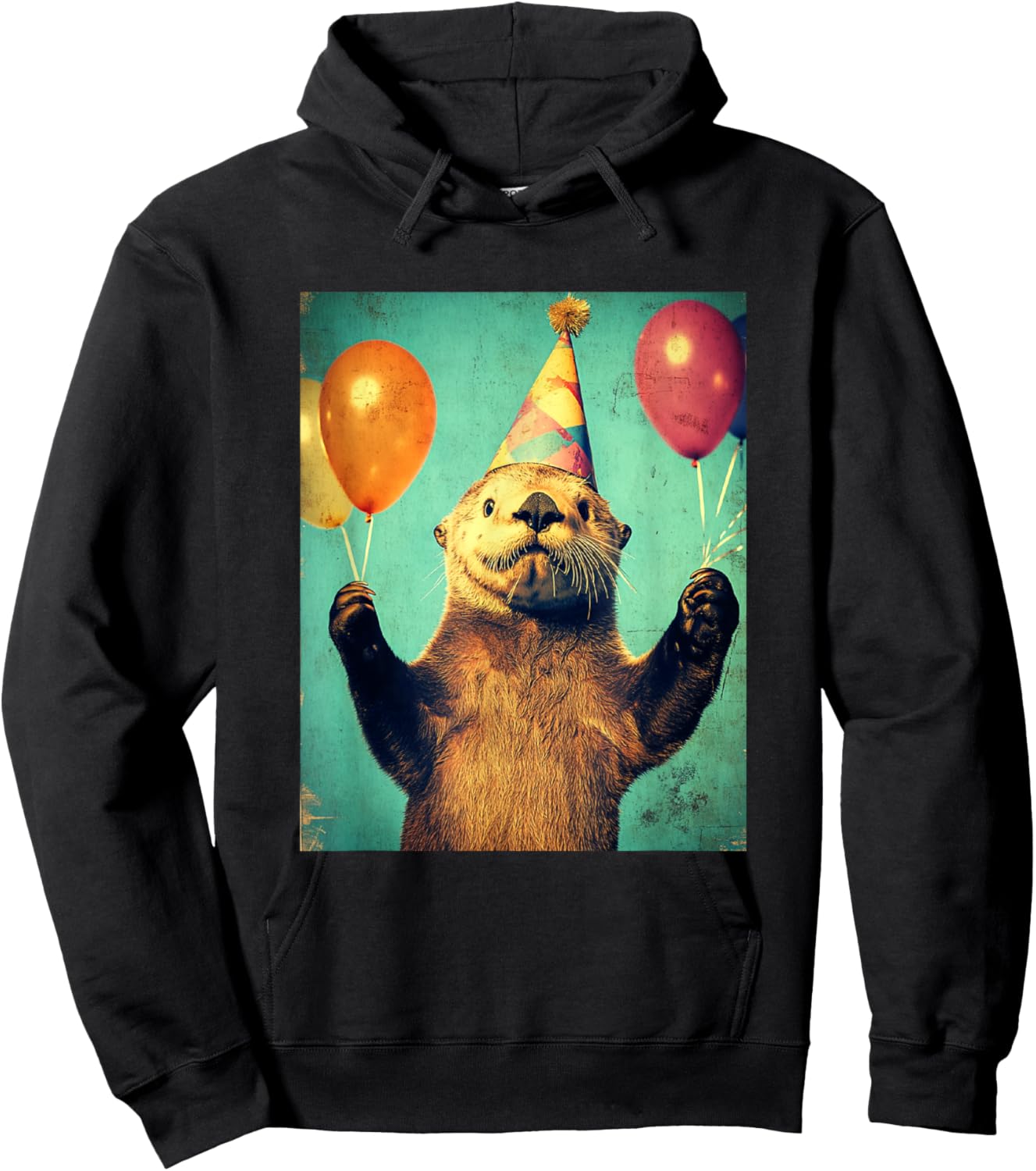 Sea Otter Retro Art Print Birthday Party Balloons & Hat Hoodie - Hoodie | Black