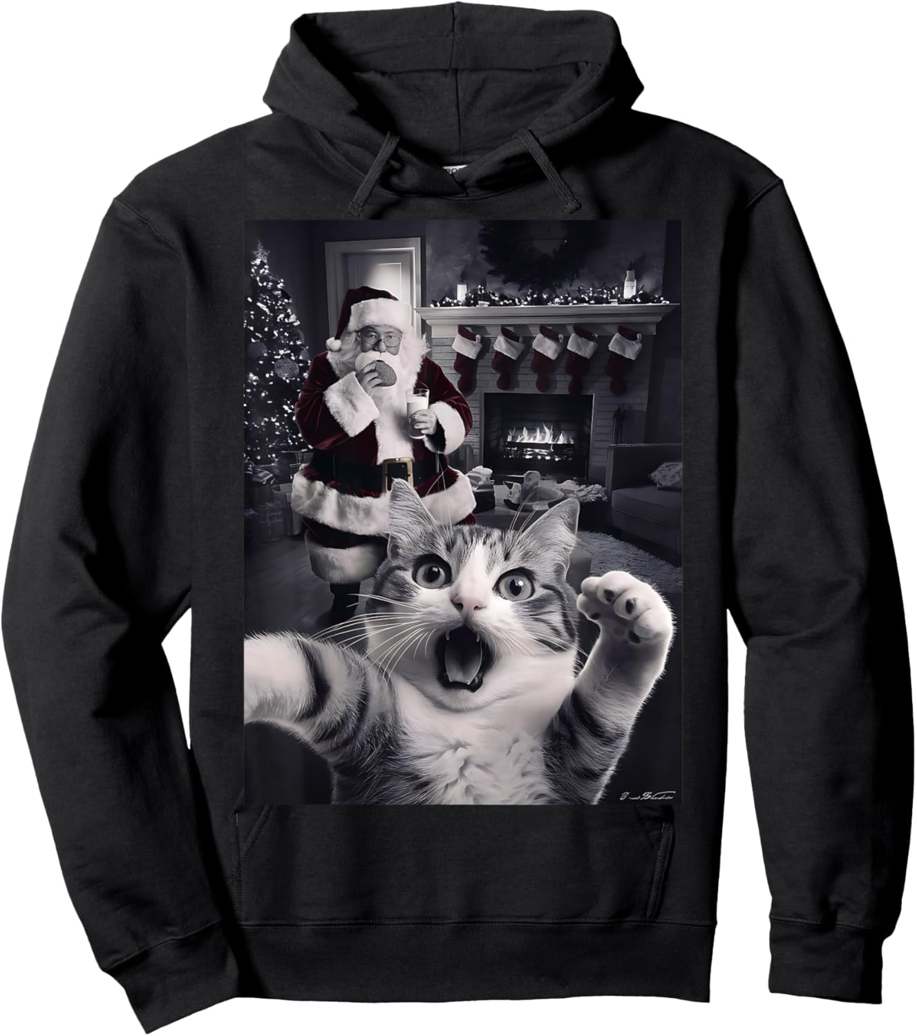 Funny Cat Selfie With Santa Christmas Hoodie - Hoodie | Black