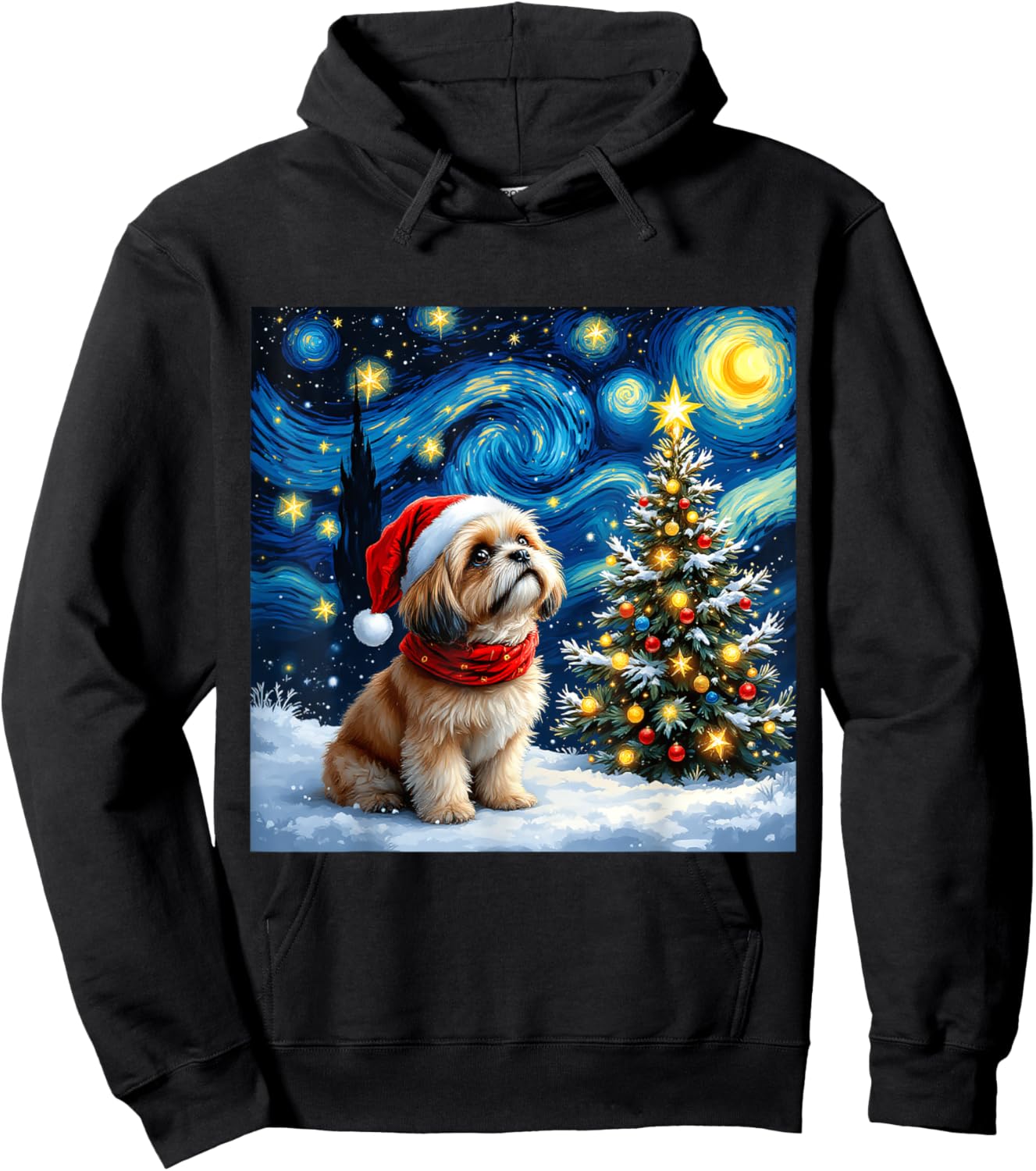 Shih Tzu Starry Night Christmas Van Gogh Dog Santa Hat Hoodie - Hoodie | Black