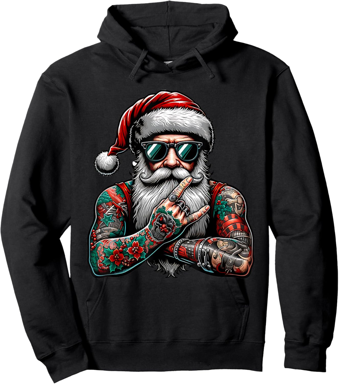 Tattooed Santa Claus inked xmas men & women ugly Christmas Hoodie - Hoodie | Black