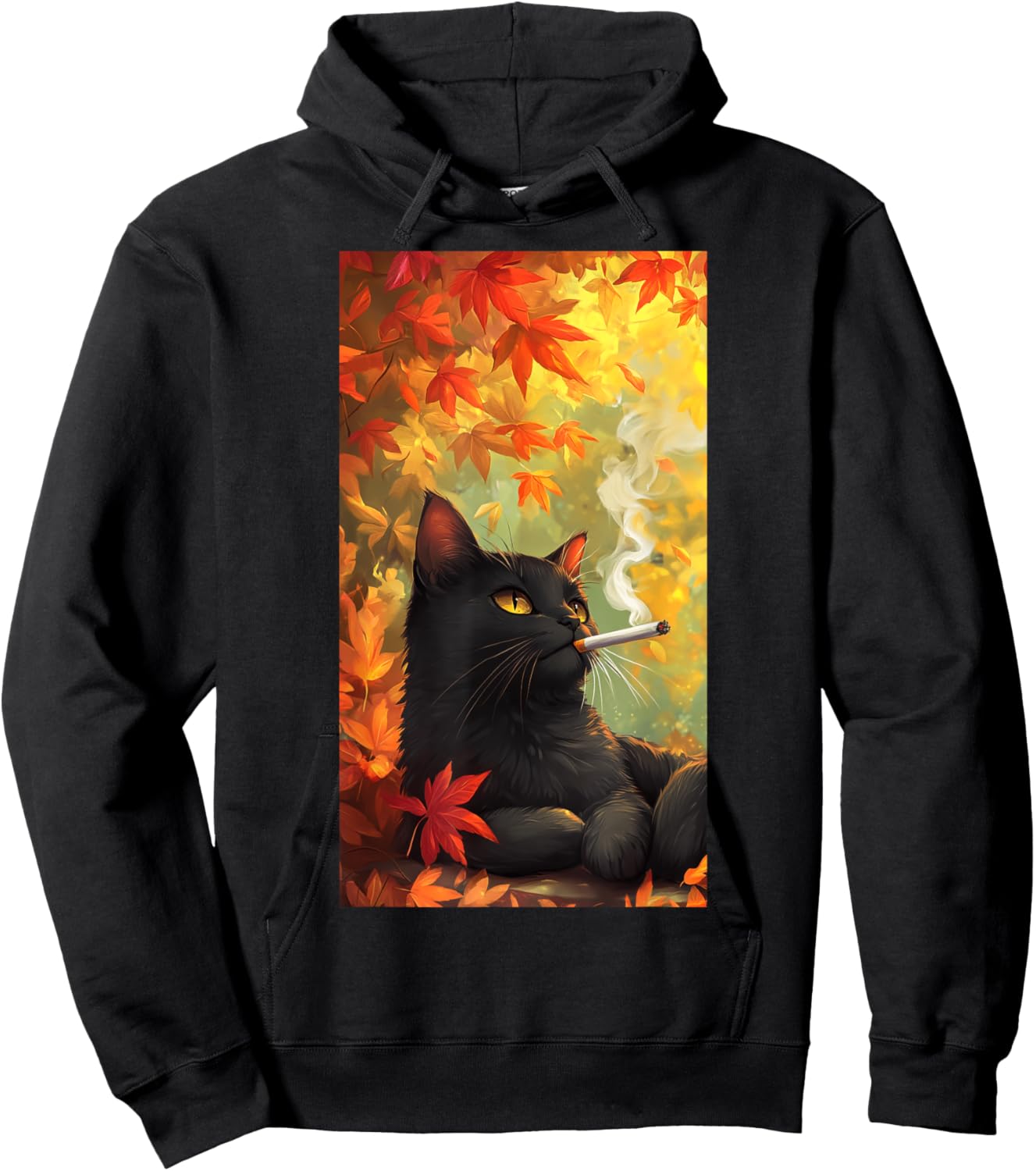 Cat Relaxing Cigarette Autumn leaves Smoking cat Men Women Hoodie - Hoodie | Black