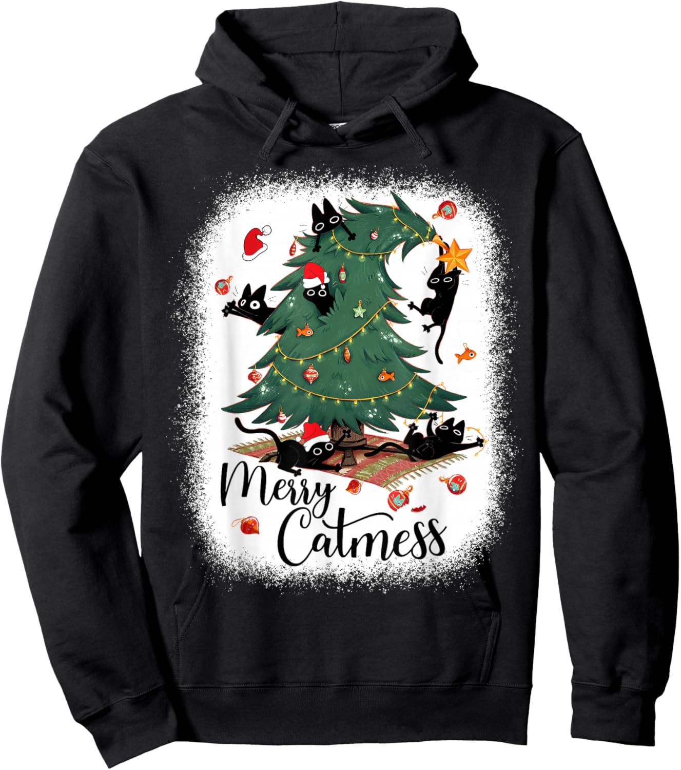 Funny Cats Christmas Tree Merry Catmess Black Cat Kittens Hoodie - Hoodie | Black